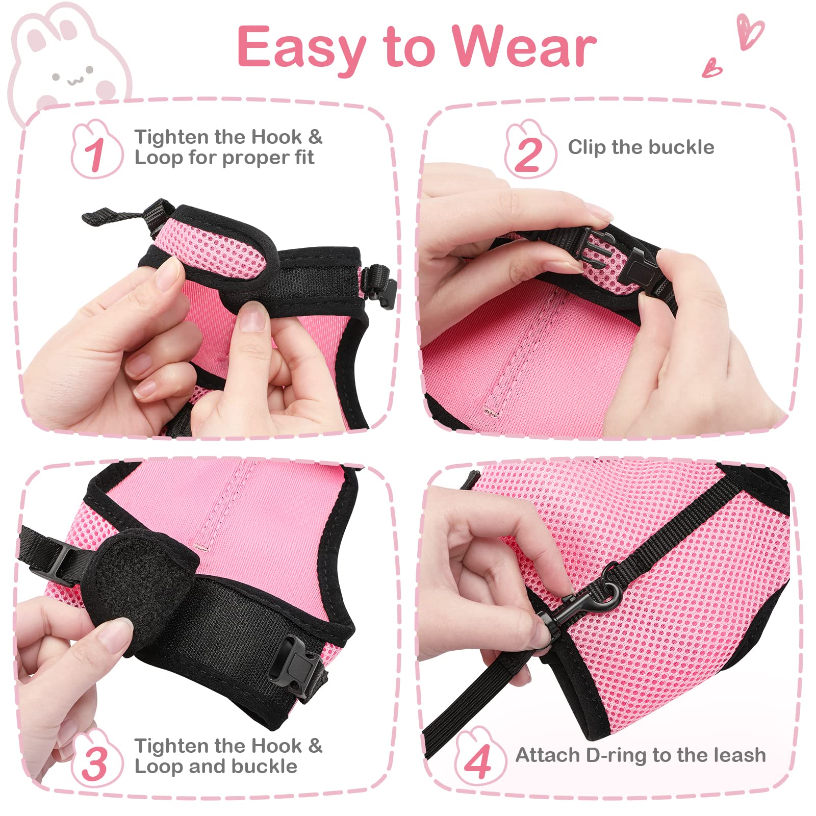 Bunny Rabbit Harness With Stretchy Leash Cute Adjustable Buckle Breathable Mesh Vest For Kitten Small Pets Walking (Xl(Chest:12.