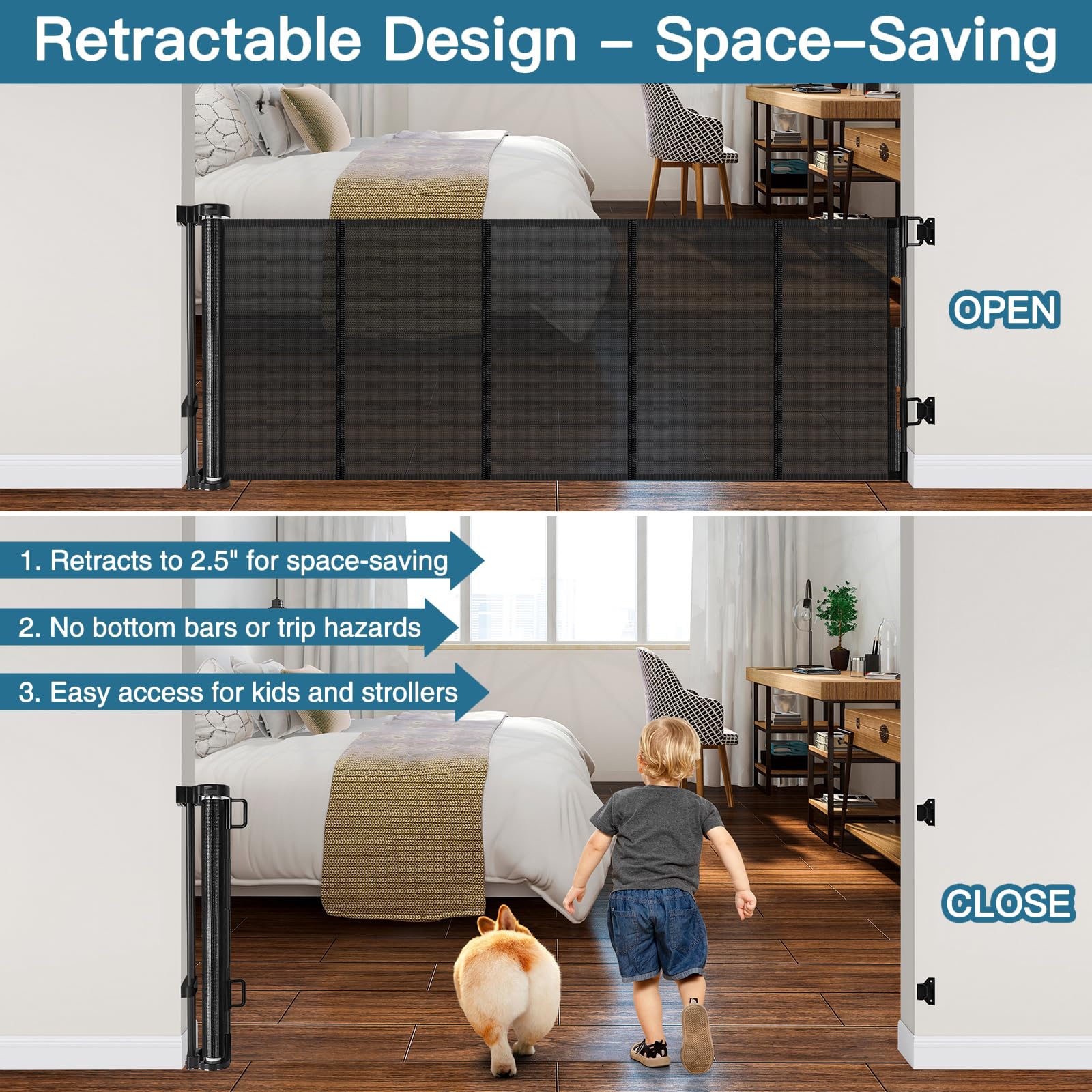 Stcockis 28" Tall Retractable Dog Gate, 80" Wide PVC Mesh, Easy Step Over, Black