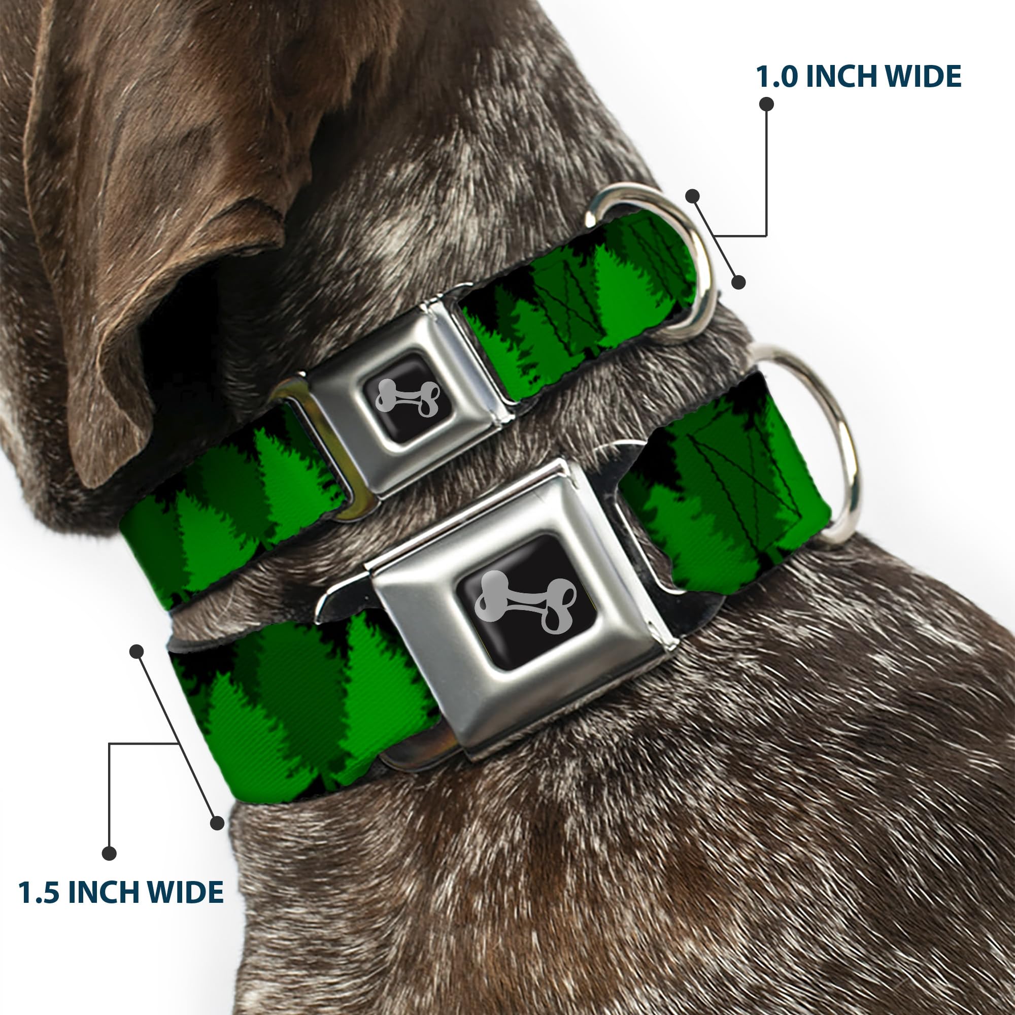 Buckle-Down Dog Collar Seatbelt Buckle Pine Tree Silhouettes Black Greens 18 To 32 Inches 1.5 Inch Wide, Multicolor (Dc-W34291-W
