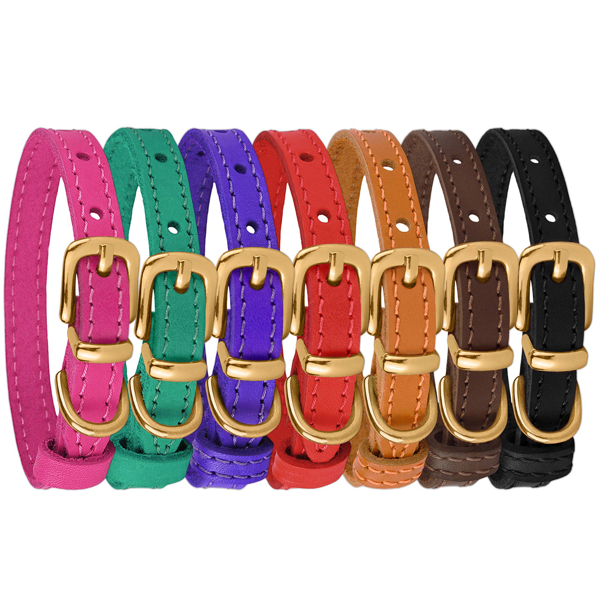 Bronzedog Leather Cat Collar With Bell Non Breakaway Kitten Qr Tag For Girl Boy (9'' - 11'' Cats/Mini Dogs, Green & Gold)