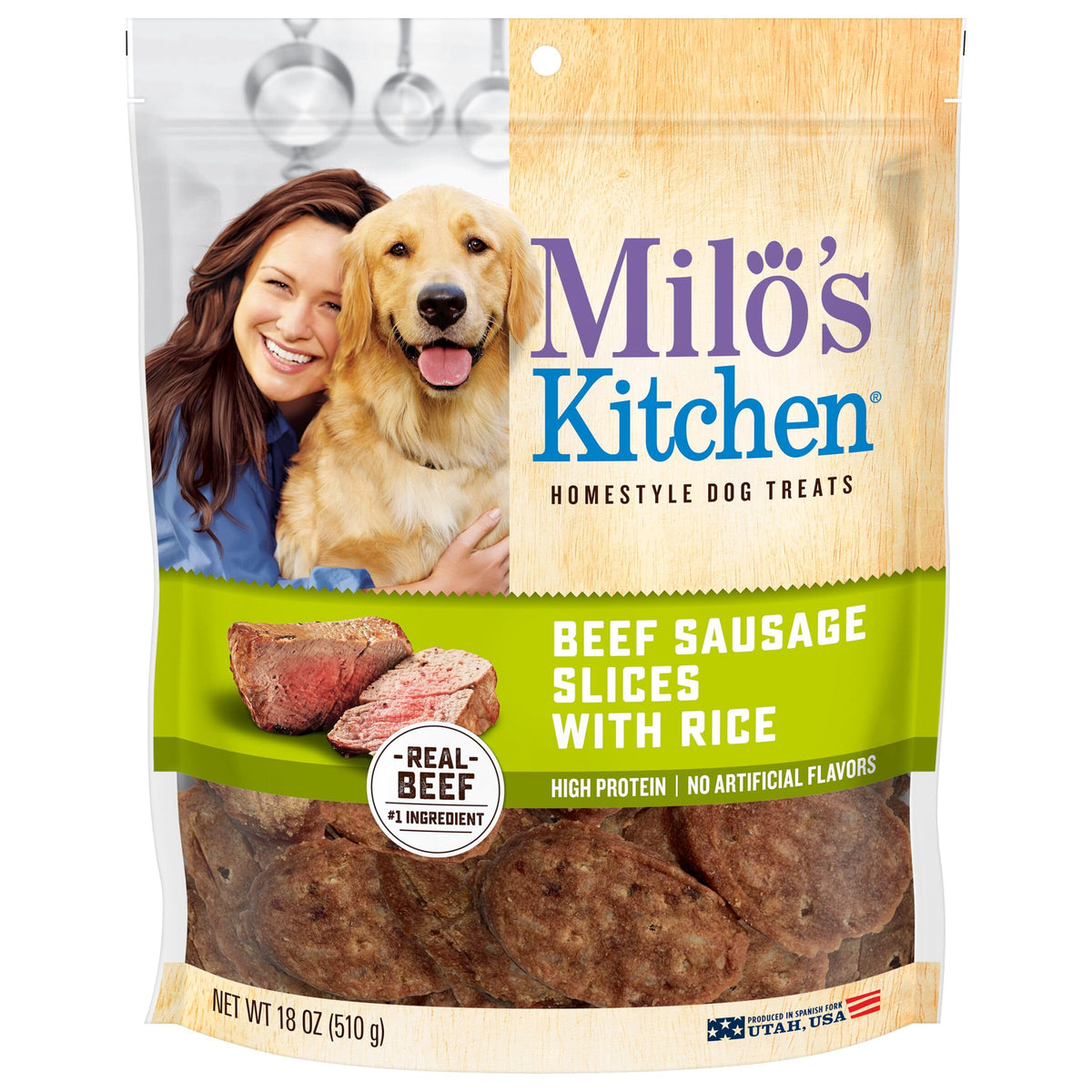 Milo'S Kitchen Beef Sausage Slices With Rice Dog Treats, 18 Ounce