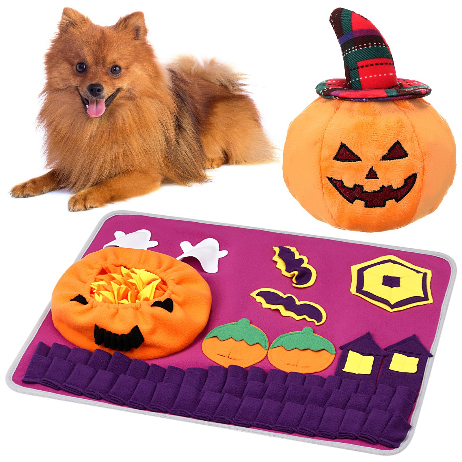 Skylety Halloween Snuffle Mat for Dogs Pumpkin Squeaky Plush Dog Toys Witch Bat Feeding Mat Hide Seek for Small to Large Dogs In