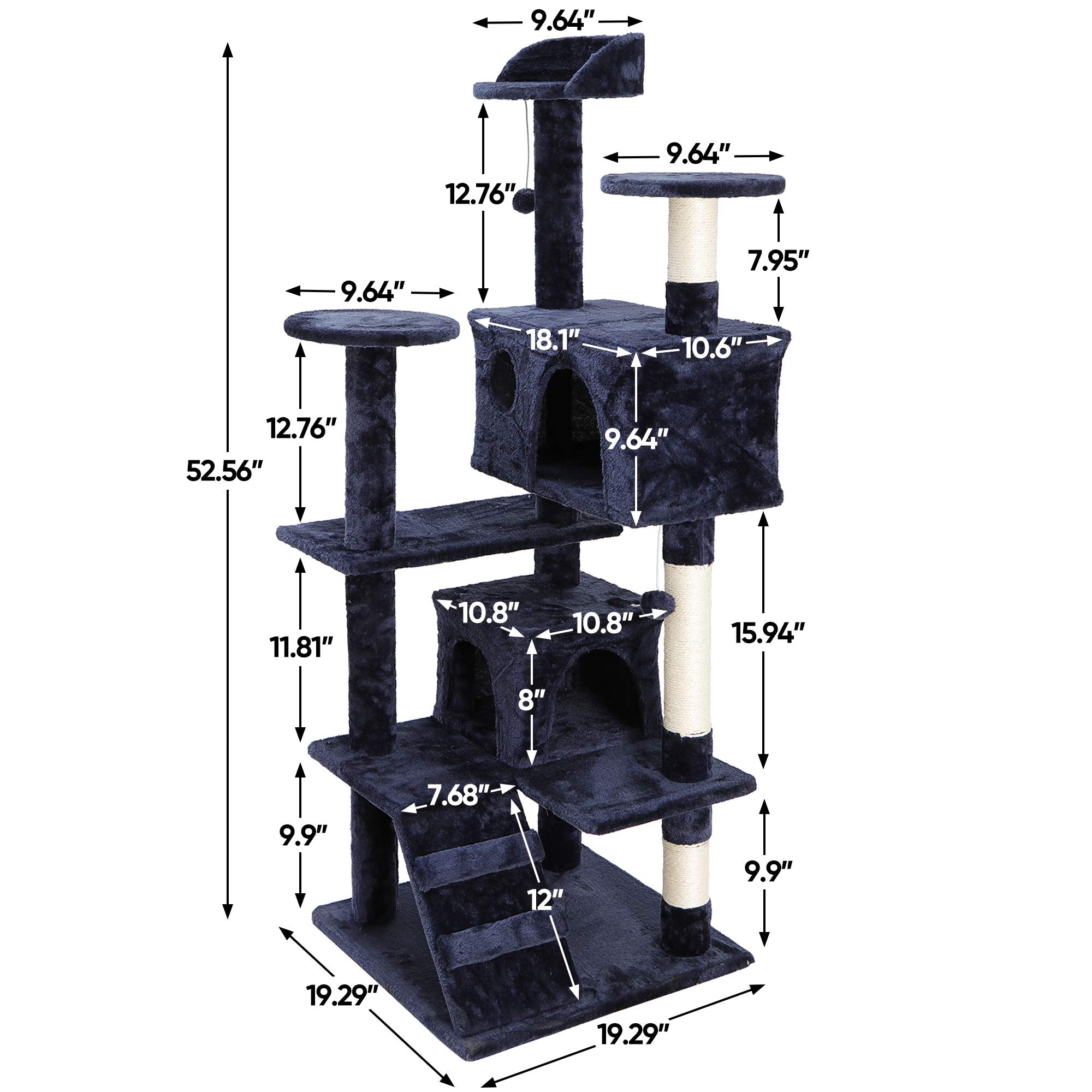Zeny 53 Inches Cat Tree With Sisal-Covered Scratching Posts And 2 Plush Rooms Cat Furniture For Kittens (Navy Blue)