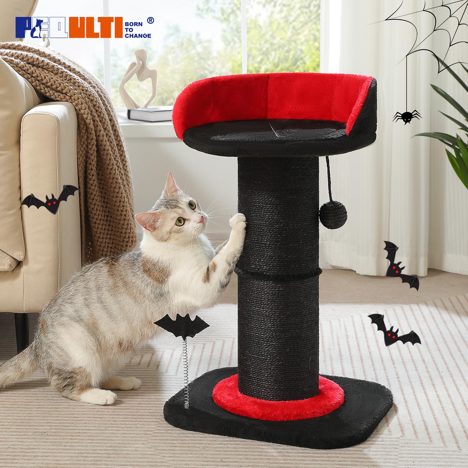 Pequlti Cat Scratching Post, Gothic Cat Tree, Tall Scratcher For Indoor Cats With Super Thick Scratching Post [Dia=5.5''], Remov