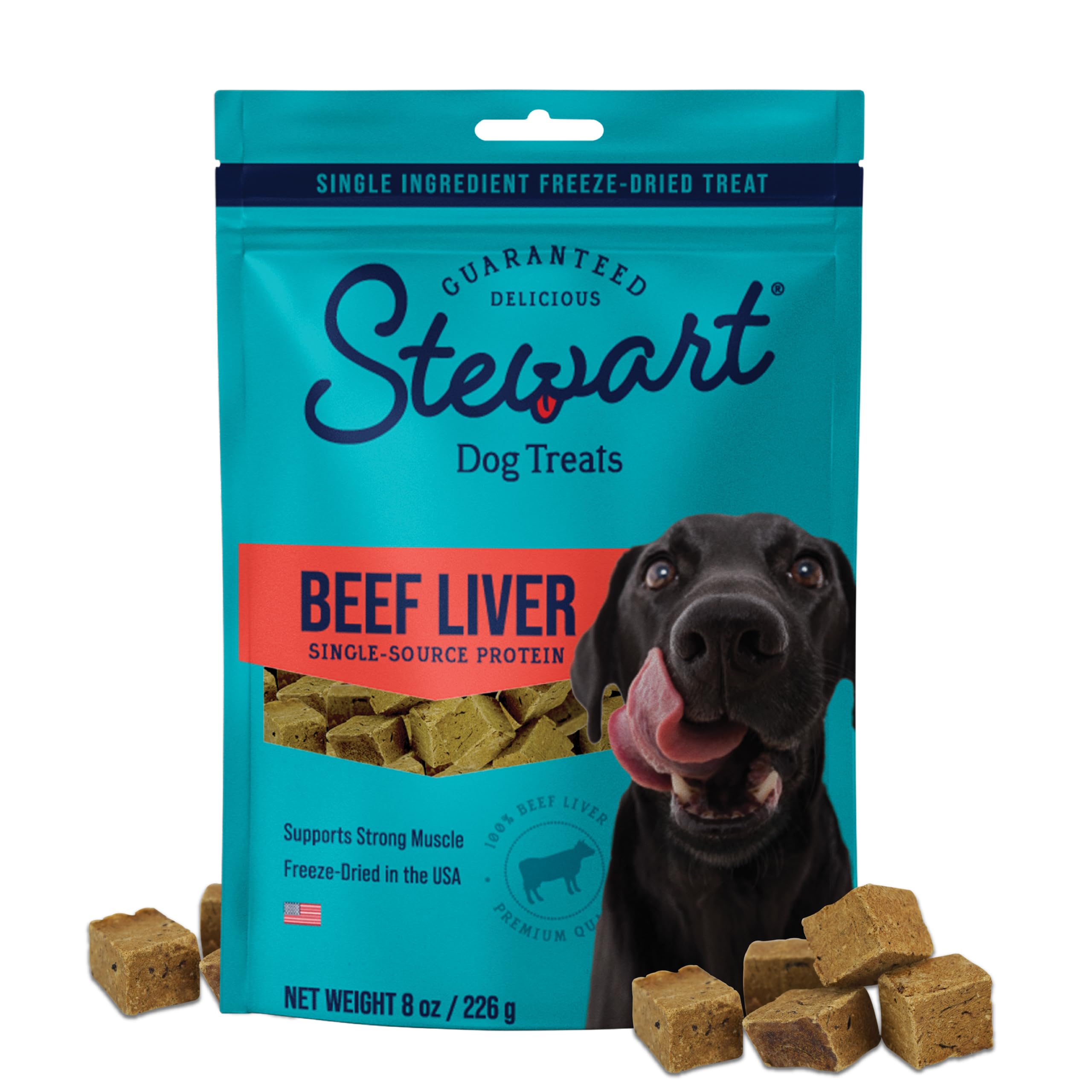 Stewart Single Ingredient Freeze Dried Raw Dog Treats, Beef Liver, 8 Ounce, Approx. 180 Pieces per Resealable Pouch, Training Tr
