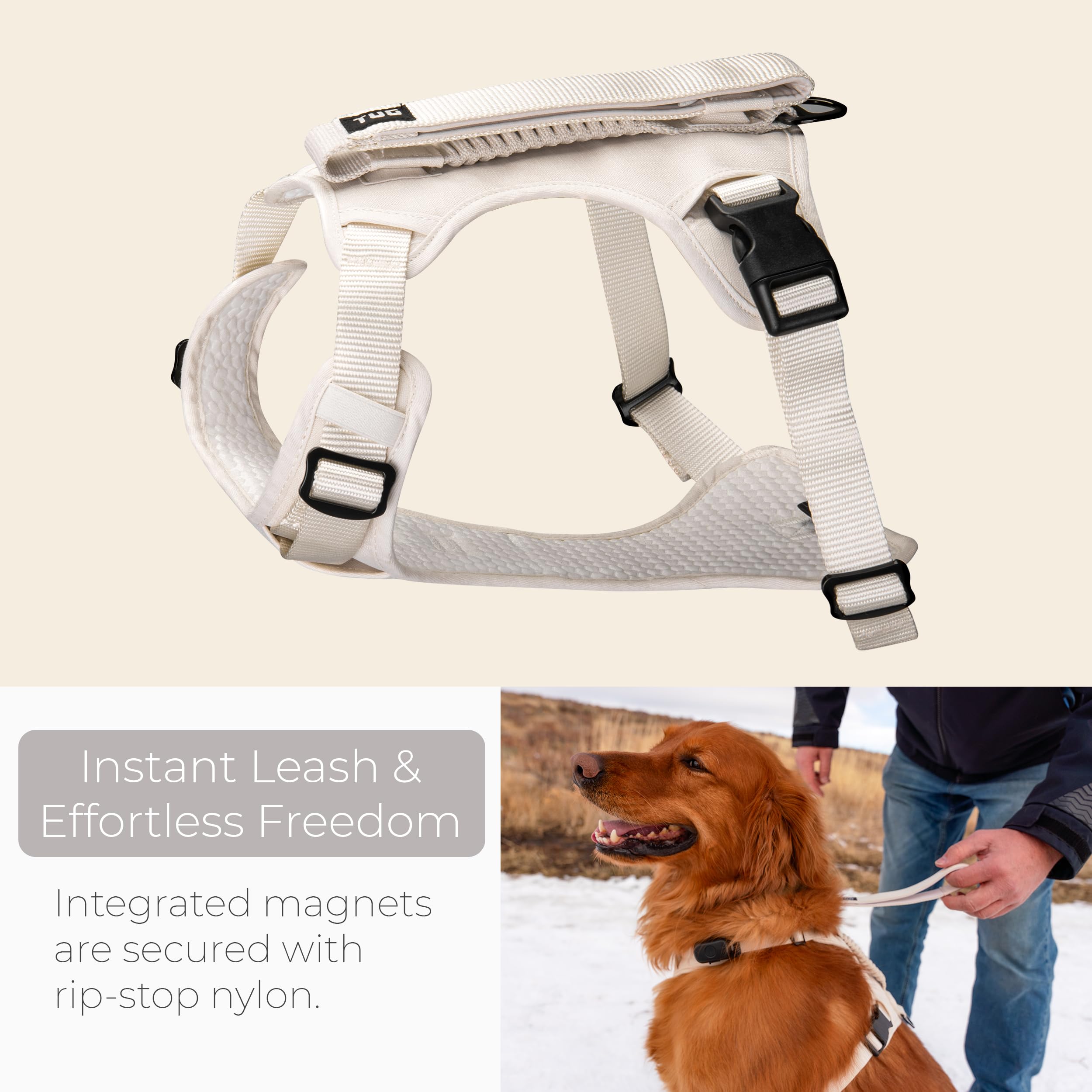 Tug Grab Dog Harness | Integrated Traffic Leash Magnetically Attached For Quick Control (Small/Cream)