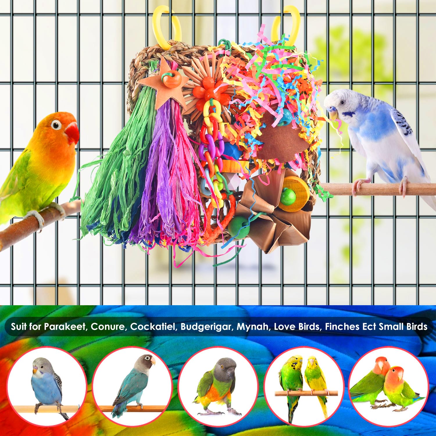 Katumo Conure Toys, Bird Grass Mat Parakeet Shredder Hanging Toy Cockatiel Foraging Entertainments Parrot Climbing Wall Chewy Lo