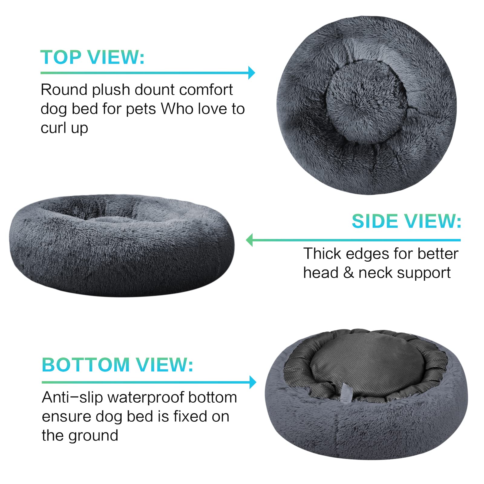 SAVFOX Calming Dog Bed, Plush Faux Fur, Dark Grey, Small 23"x23", Anti-Anxiety Cuddler, Washable, Perfect for Small Dogs