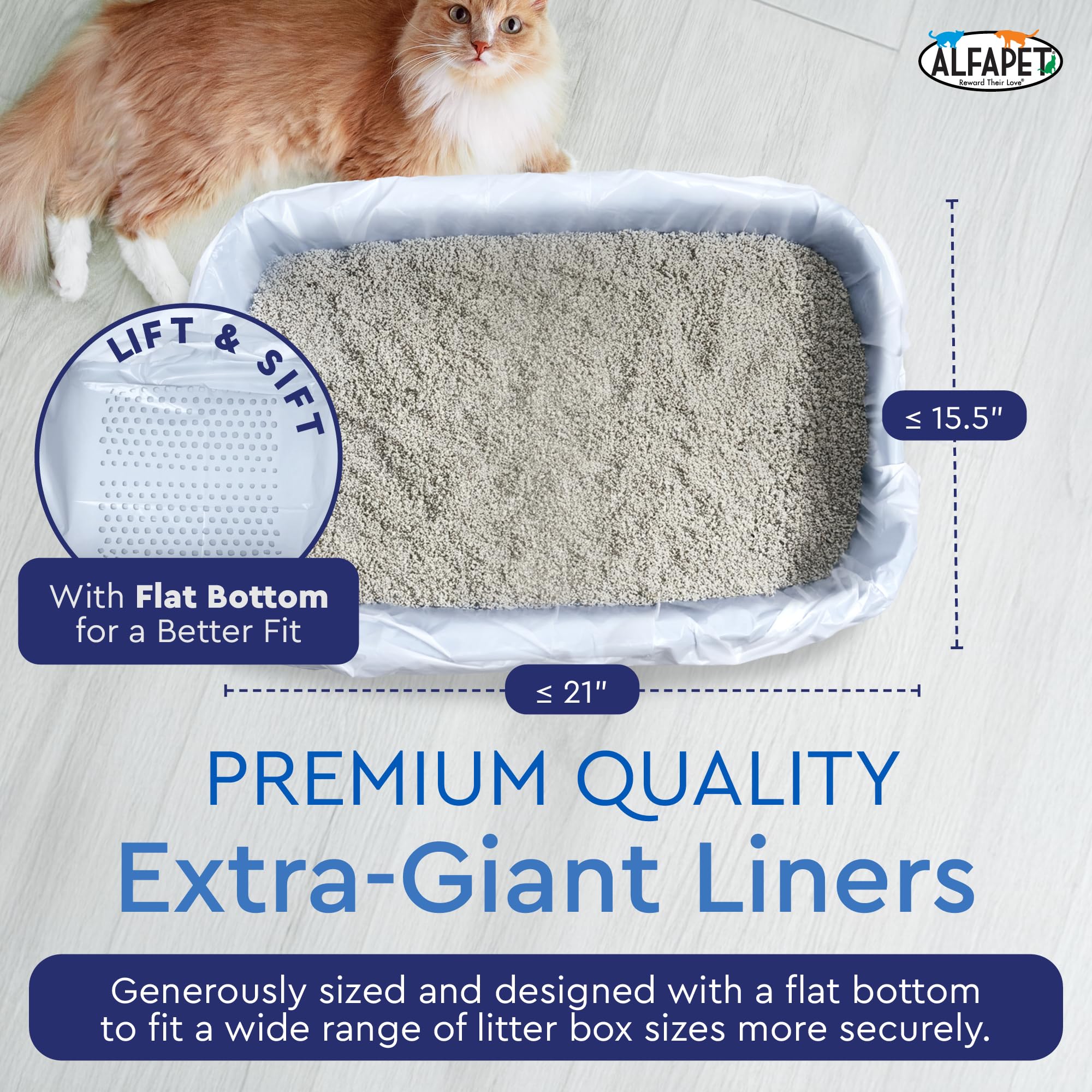 Alfapet Self Sifting Cat Litter Box Liners, Set Of 21, Flat Base, Xl Design, With Inbuilt Drawstrings, Fits Large Trays, Reinfor
