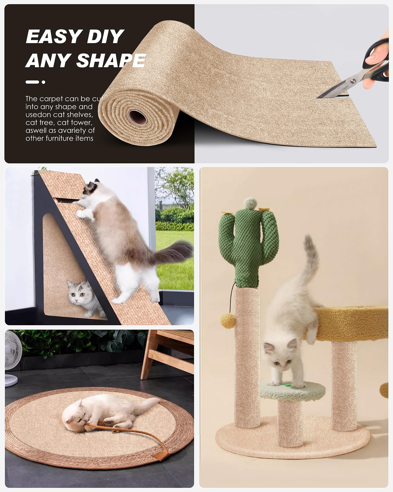Vivoyan 78.7''X15.8'' Cat Scratch Mat,Trimmable Self-Adhesive Carpet,Diy Climb Cat Scratcher For Couch Furniture Or Wall Protect