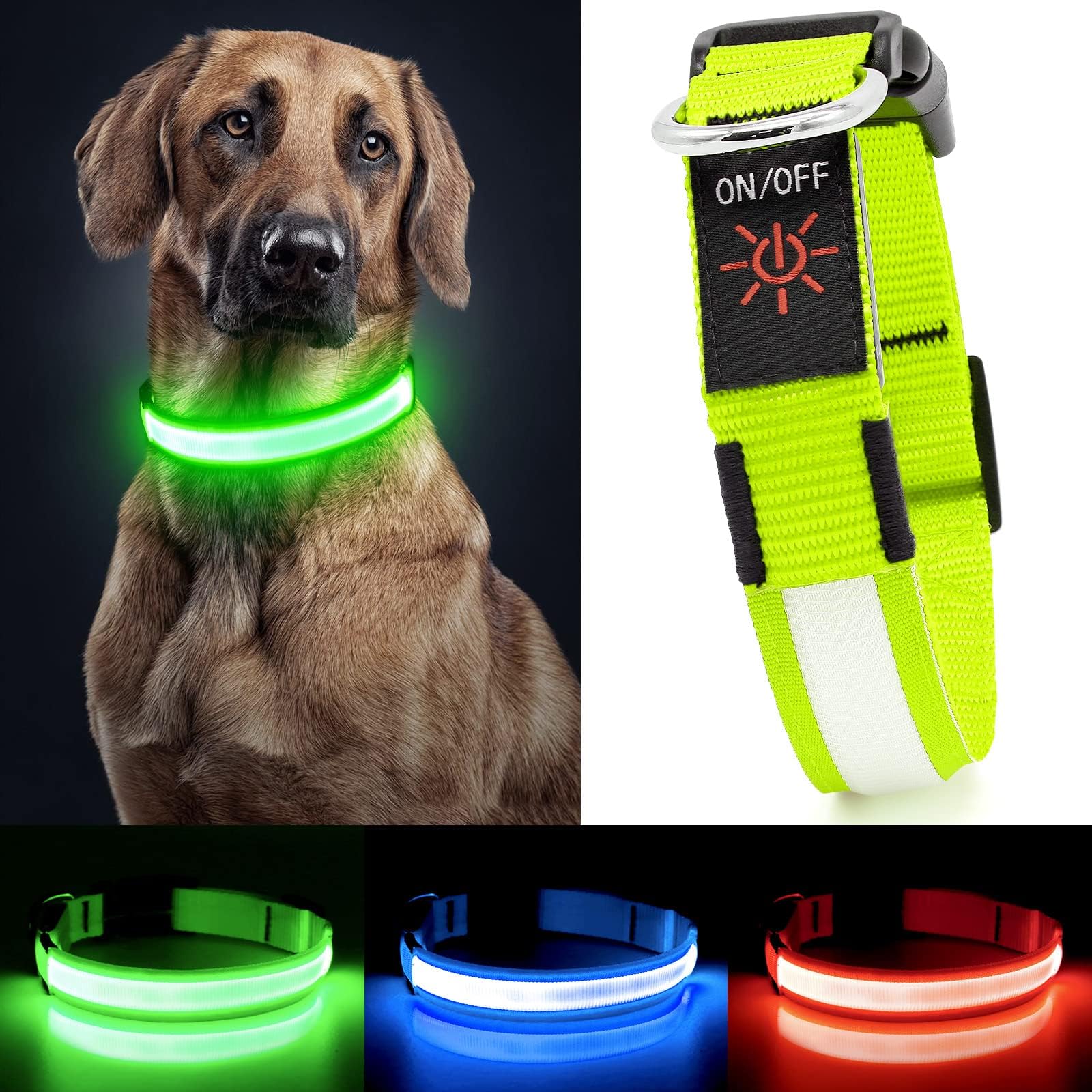 Yfbrite Ultra Light Usb Rechargeable Led Dog Collar - Adjustable Light Up Dog Collar - Waterproof Dog Collar - Flashing Dog Collar Visiblity & Safety For Your Dogs (Green, X-Large)