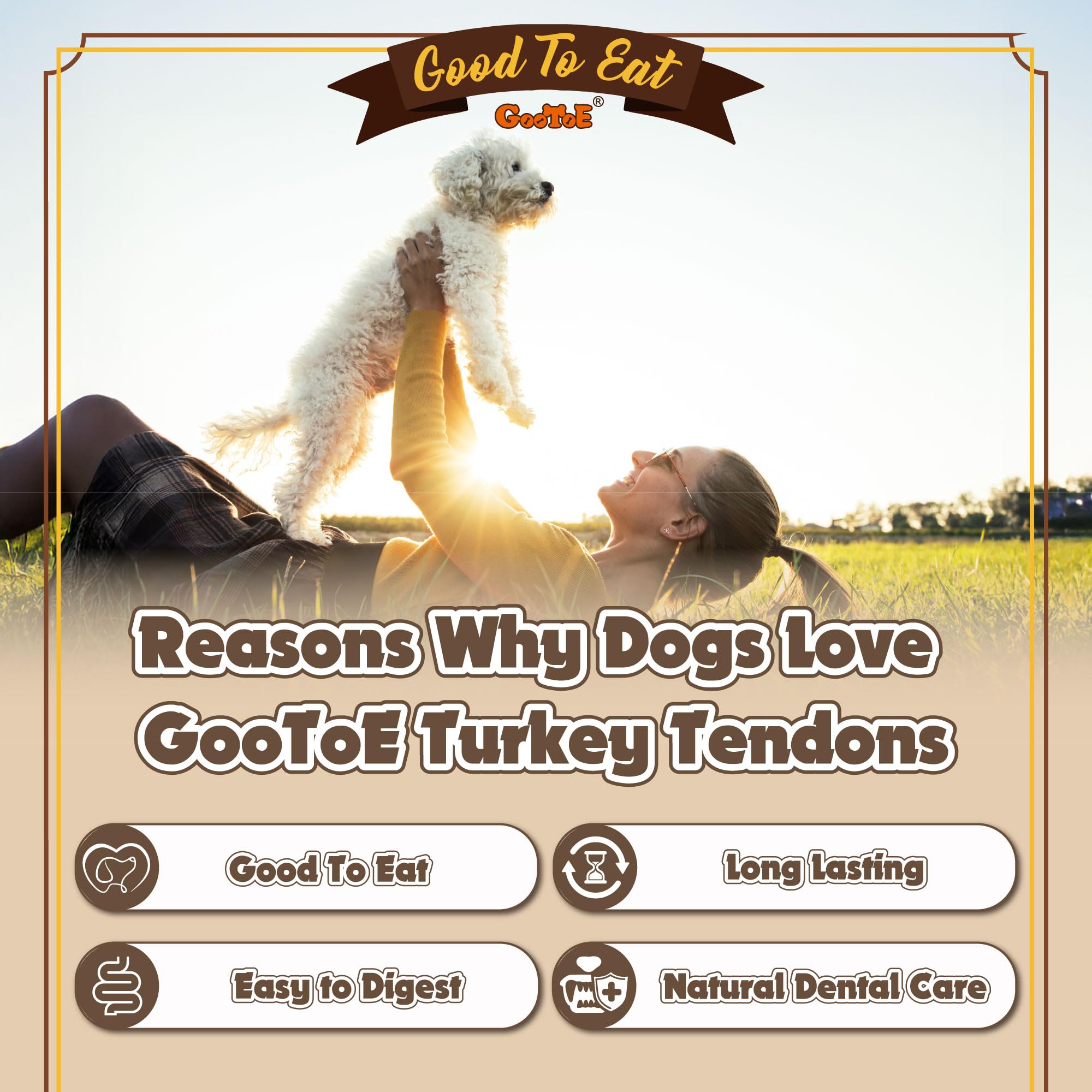 Gootoe Turkey Tendon Dog Treats, Rope (L) 1 lb, 100% USA Sourced Turkey, Natural Snack, Premium Puppy Chews, Hypoallergenic, Raw