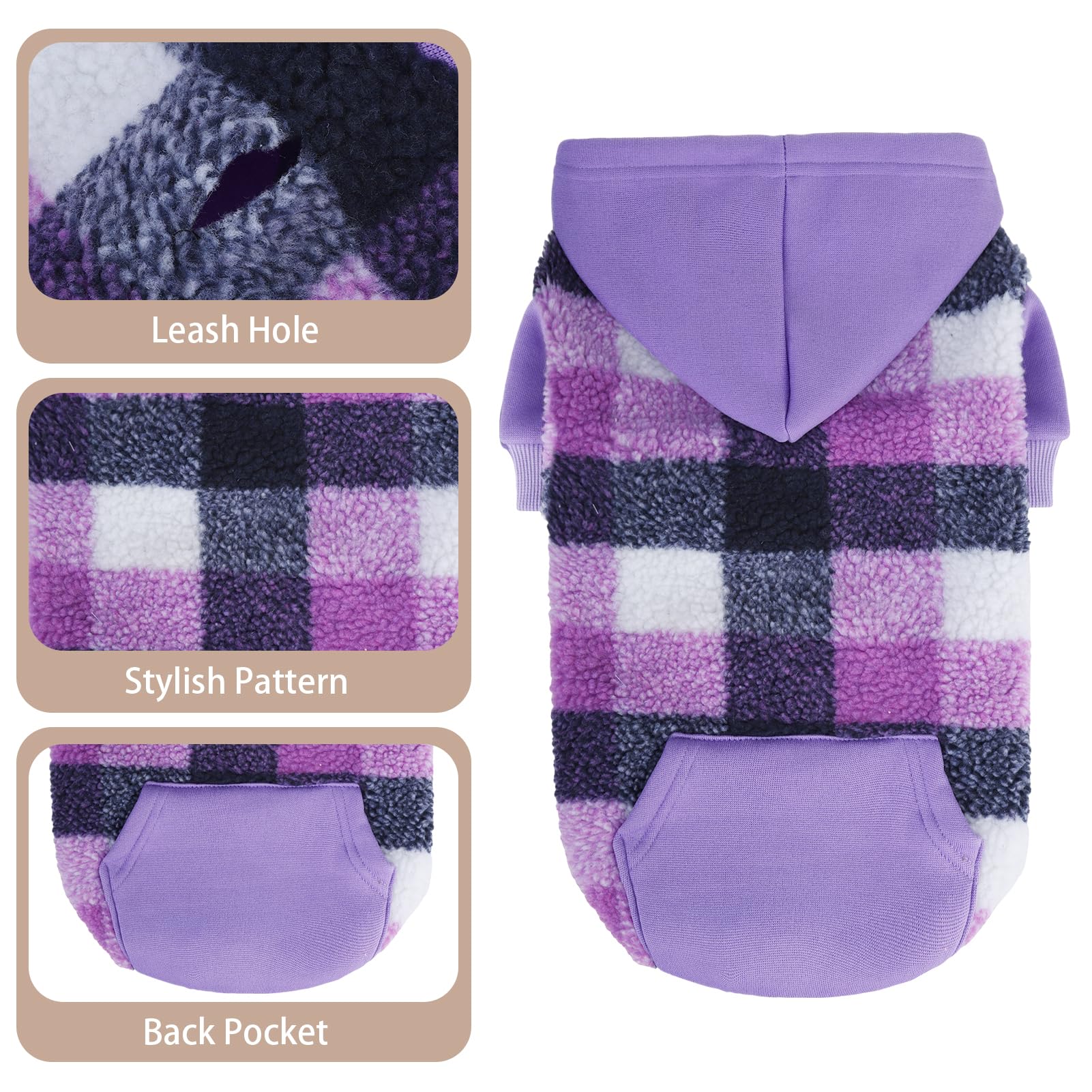 PUPTECK Dog Hoodie Puppy Sweatshirt Warm Dog Sweater Winter Clothes Cold Weather Coats for Small Medium Large Dogs, Purple, M