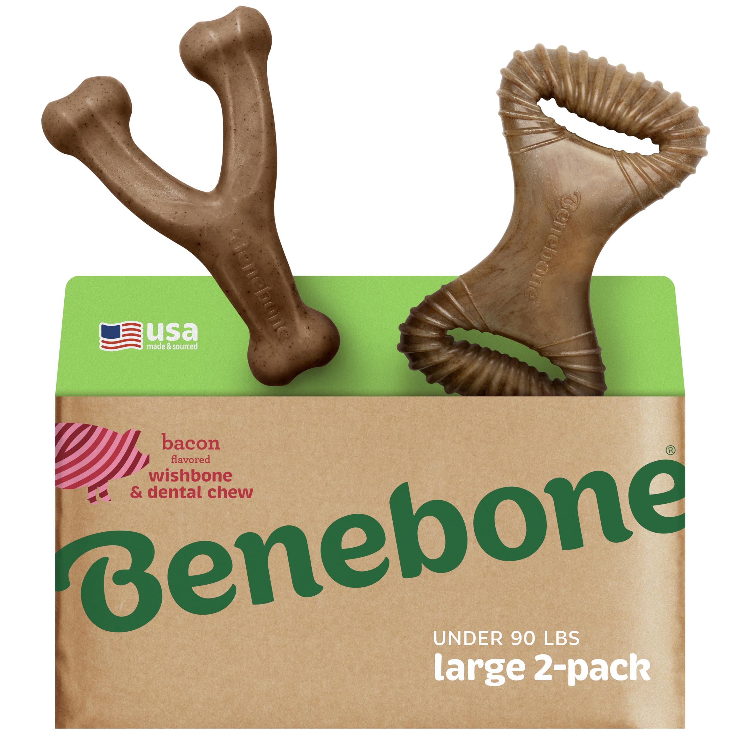 Benebone 2-Pack Wishbone/Dental Durable Dog Chew Toys, Real Bacon, Made In Usa, Large