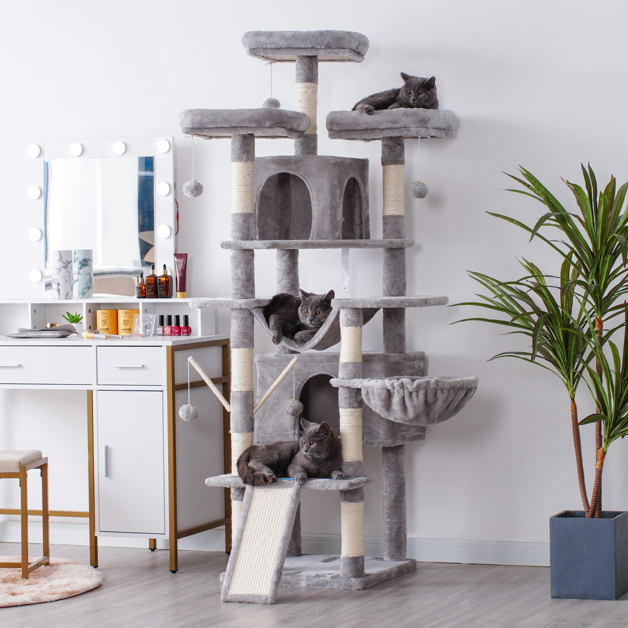 Hey-Brother Cat Tree, 71 Inches Xl Large Cat Tower For Indoor Cats, Multi-Level Cat House With 3 Padded Perches, Big Scratcher, Cozy Basket, 2 Cat Condos And Scratching Posts, Light Gray Mpj034W