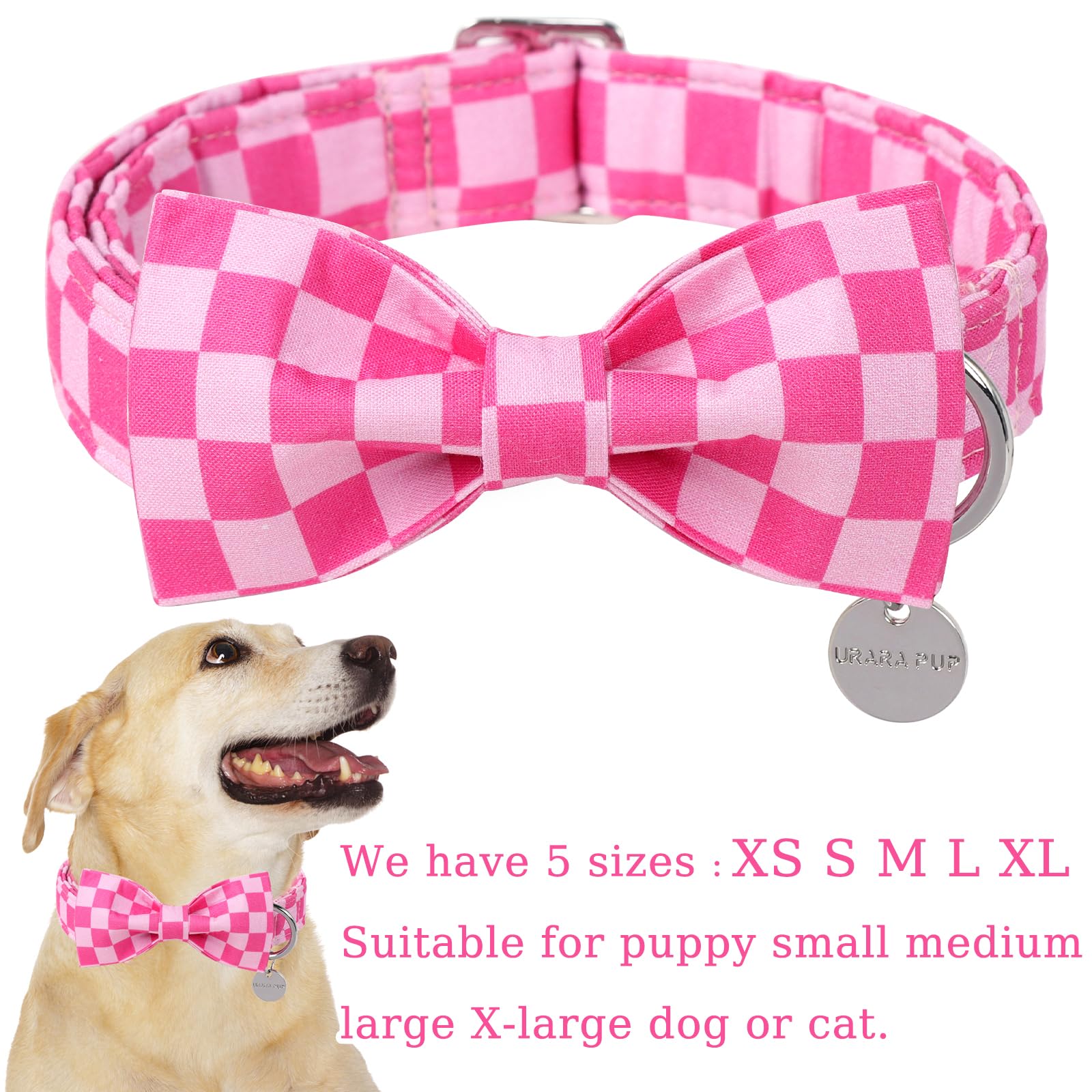 Up Urara Pup Dog Collar With Bow Tie,Pink Bow Dog Collar With Adjustable Buckle,Cotton Puppy Collar For Small,Medium,Large Dogs,