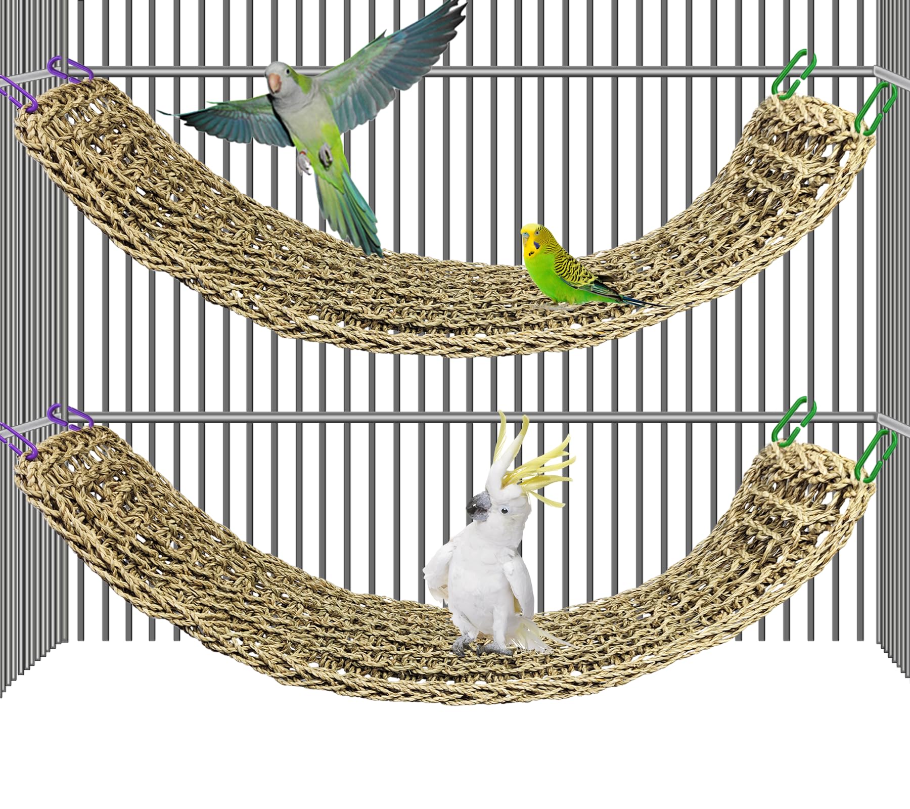 2Pcs Bird Seagrass Mat 29.5  7'' Natural Grass Woven Net Hammock With Hooks Climbing Rope Ladder Chew Toys Hanging On Parrot Cag