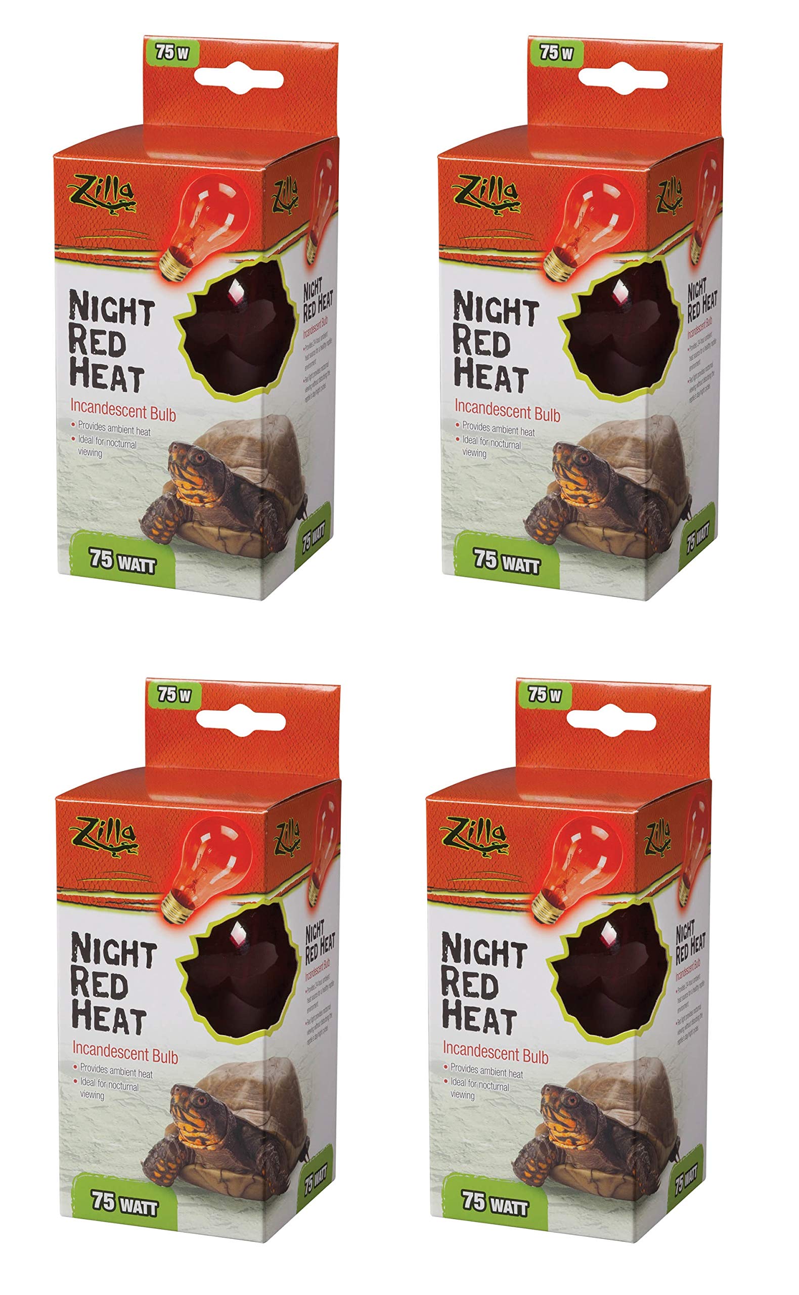 Zilla 4 Pack Of Incandescent Heat Bulbs, 75 Watts, Night Red Heat, For Reptile Terrariums