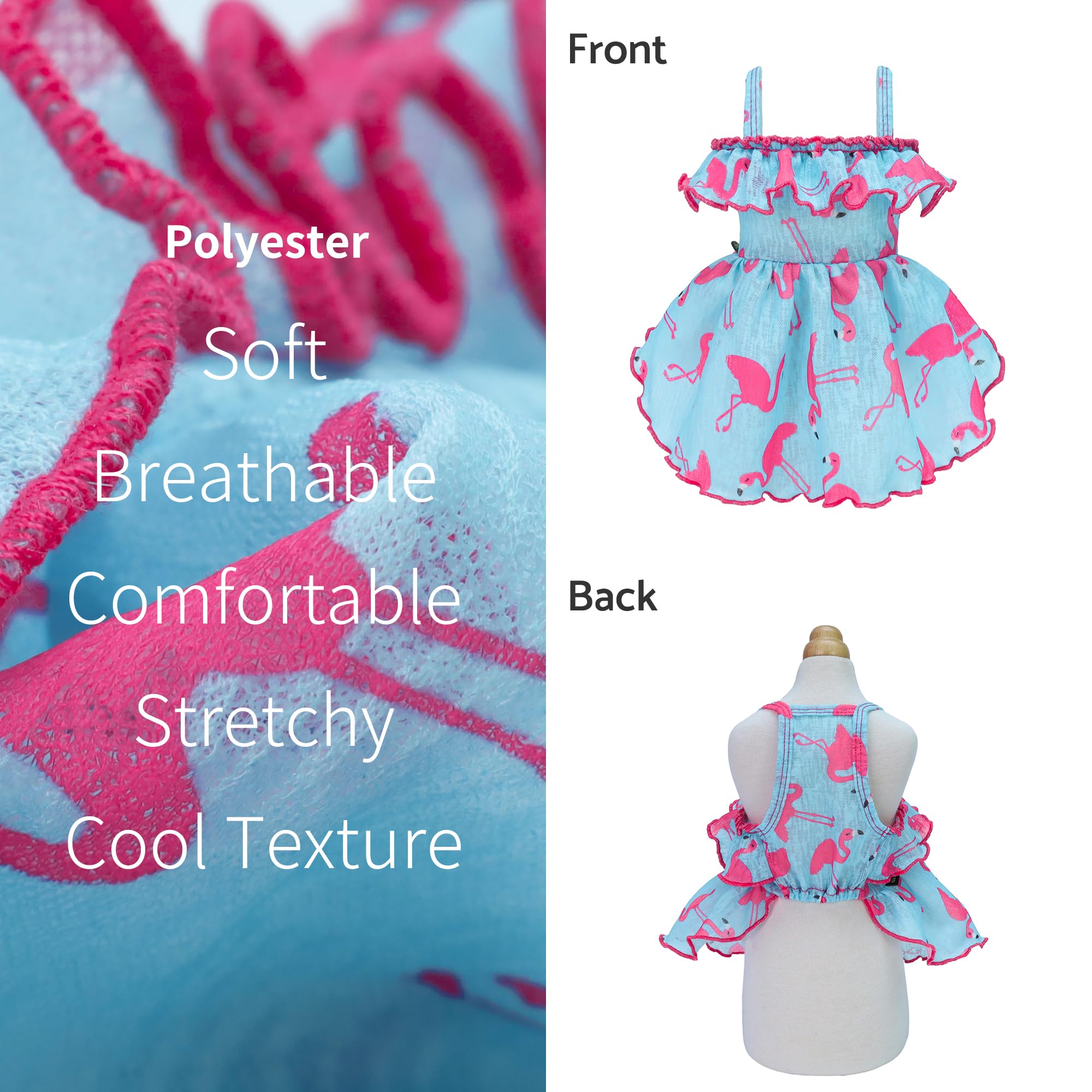 Fitwarm Flamingo Dog Dress - Summer Ruffled Sundress, Small, Polyester/Spandex, Blue/Pink