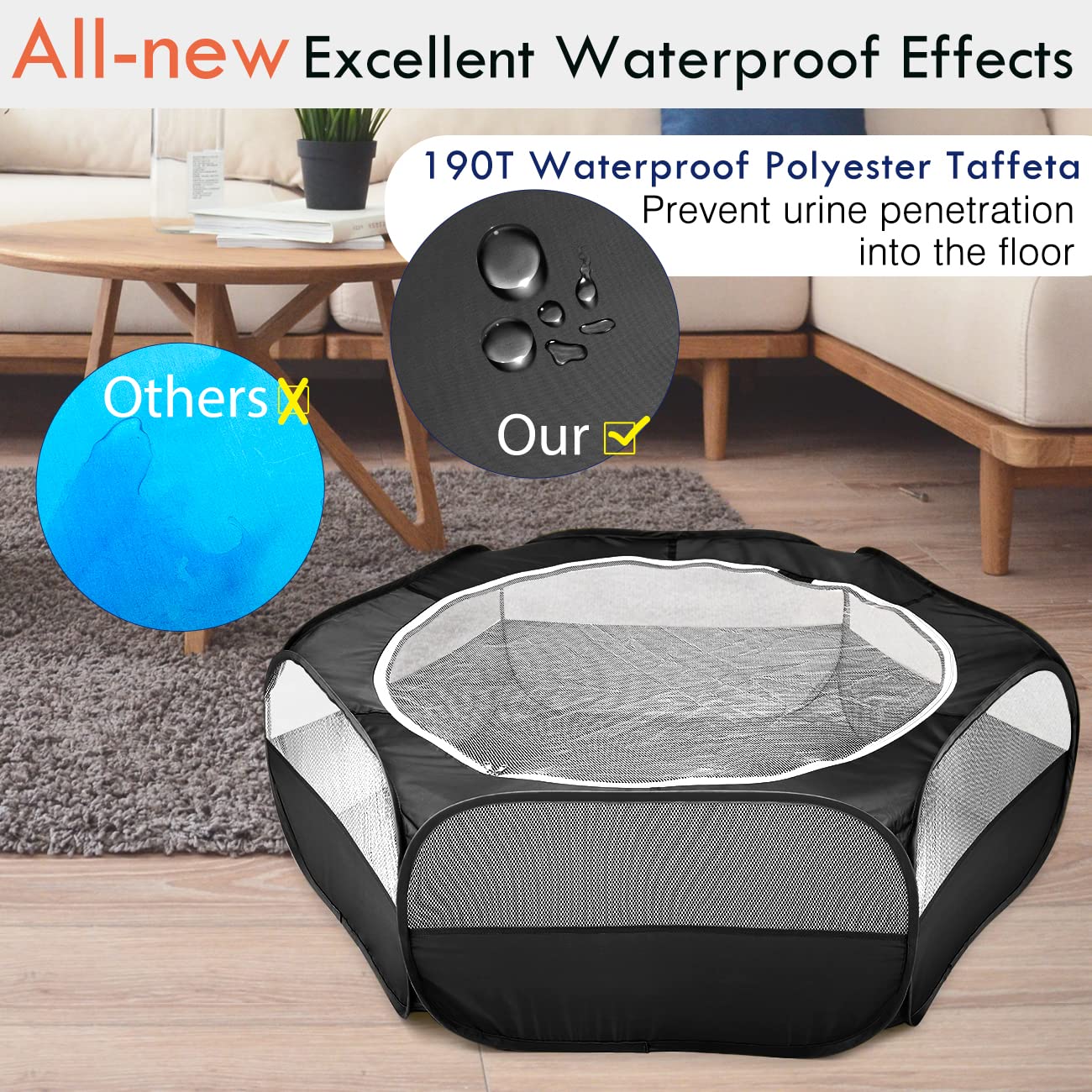 Pawaboo Small Animals Playpen, Waterproof Small Pet Cage Tent With Zippered Cover, Portable Outdoor Yard Fence With 3 Metal Rod For Kitten/Puppy/Guinea Pig/Rabbits/Hamster/Chinchillas, Black