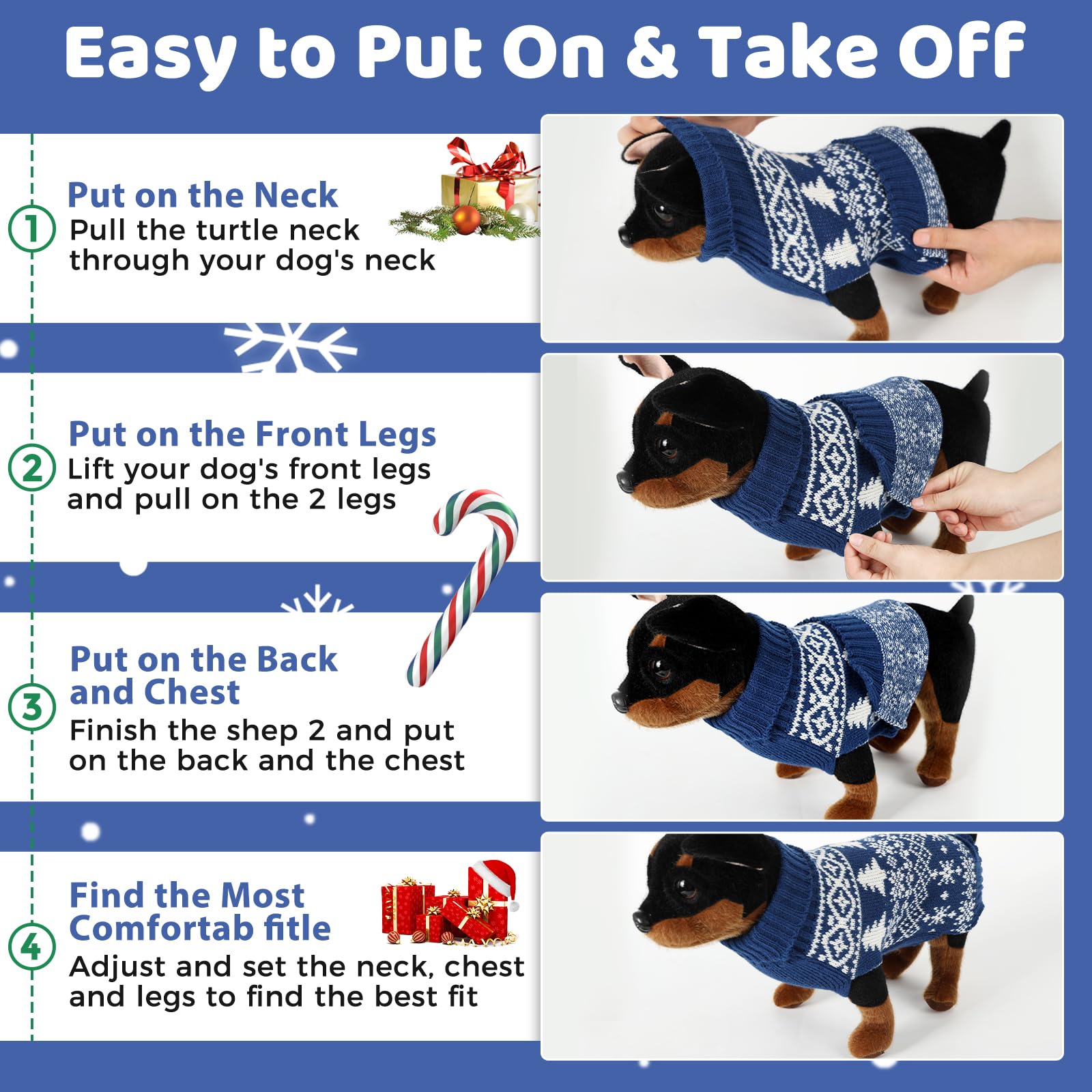 Christmas Dog Sweaters & Shirts - Soft Warm Turtleneck For Small To Large Dogs, Double Knit Collar For Outdoors, Blue, Xxs