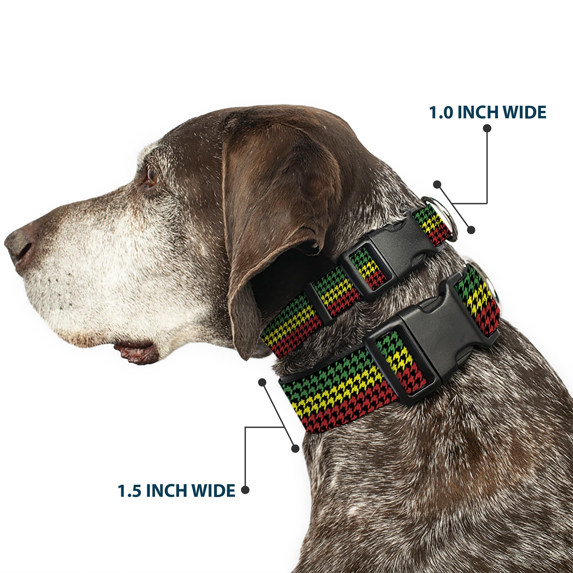 Buckle-Down Plastic Clip Collar - Houndstooth Black/Rasta - 1/2' Wide - Fits 8-12' Neck - Medium