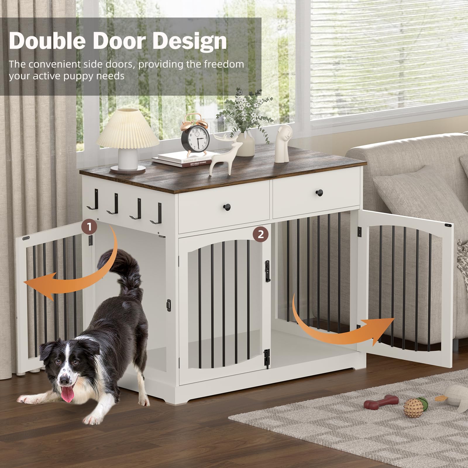 Kucreiheat 40 Inch Furniture-Style Dog Crate-Multipurpose Wood Pet Crate Furniture with Double Doors,2 Drawers, Decorative Dog H