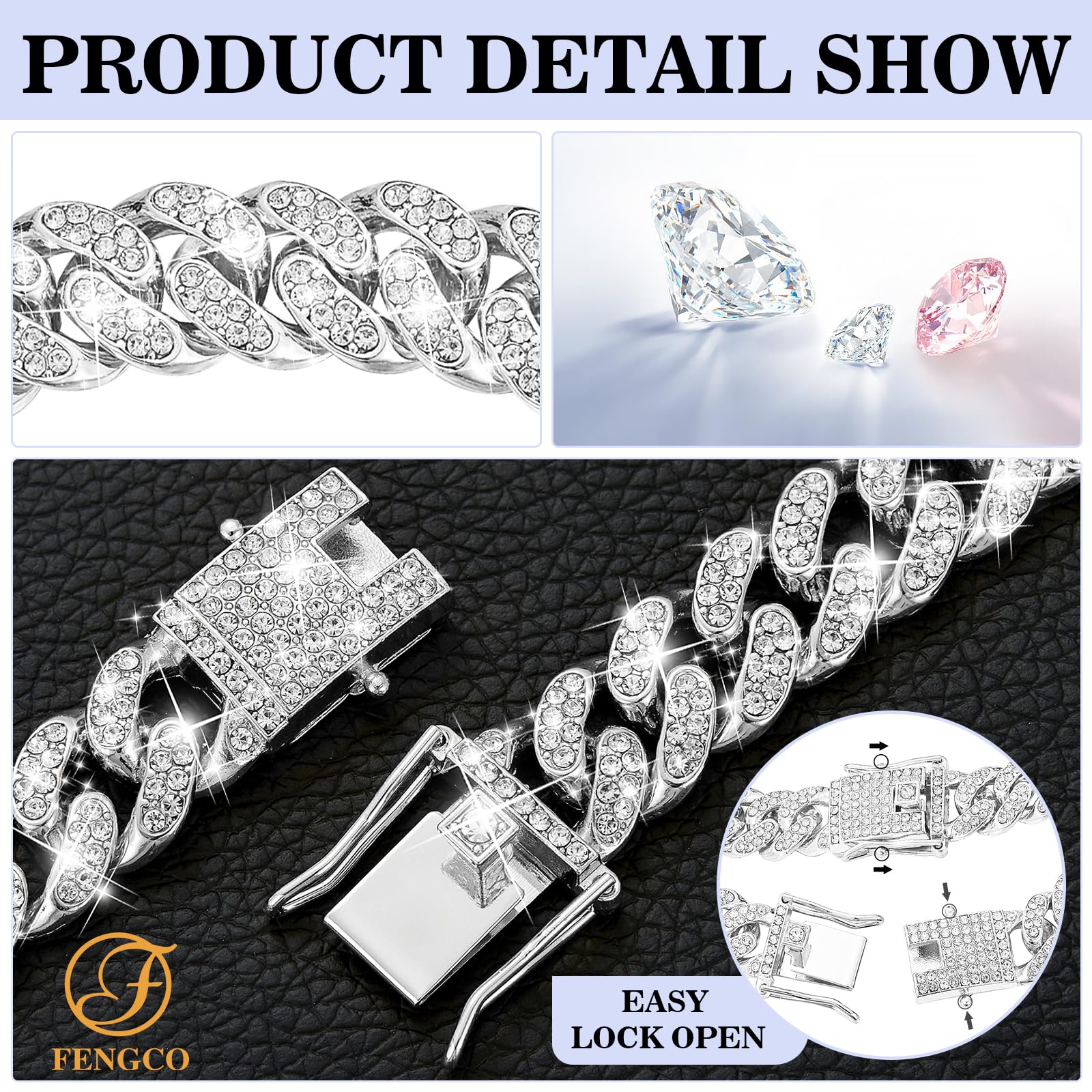 Silver Dog Chain Collar Diamond Cuban Link Dog Collar 13Mm Wide Dog Necklace Metal Cat Chain Pet Crystal Collar Jewelry Accessor