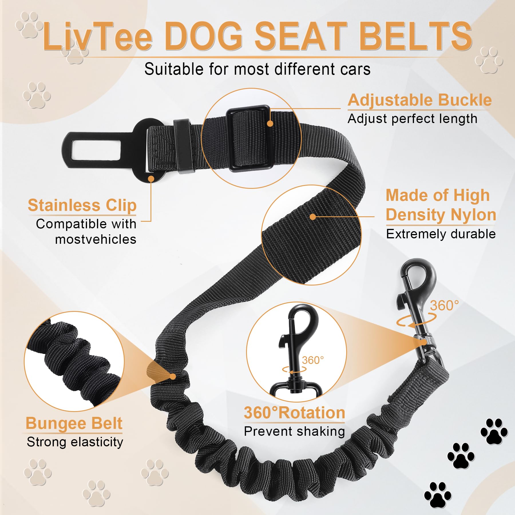 Livtee 2 Pack Retractable Dog Car Harness, Adjustable & Comfortable Dog Seatbelt Leash, Elastic Nylon Pet Safety Seatbelts For V