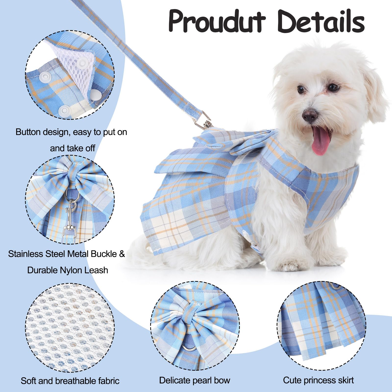 Potchen 4 Pcs Cute Plaid Dog Dress Set with Bow Tie Harness & Leash for Small Dogs, Puppy Clothes for Girls Summer Outfits(XS,Li