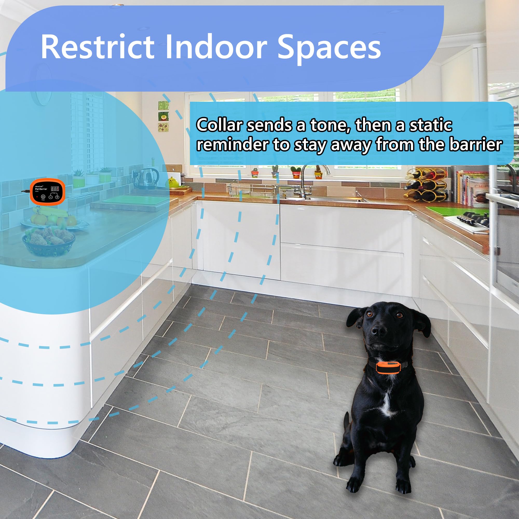 UltraCrab Indoor Pet Barrier for 2 Dogs, Wireless Indoor Electric Fence, Pet Gate, Keeps Areas Off Limits, 2 Dog Fence Syetem Wa