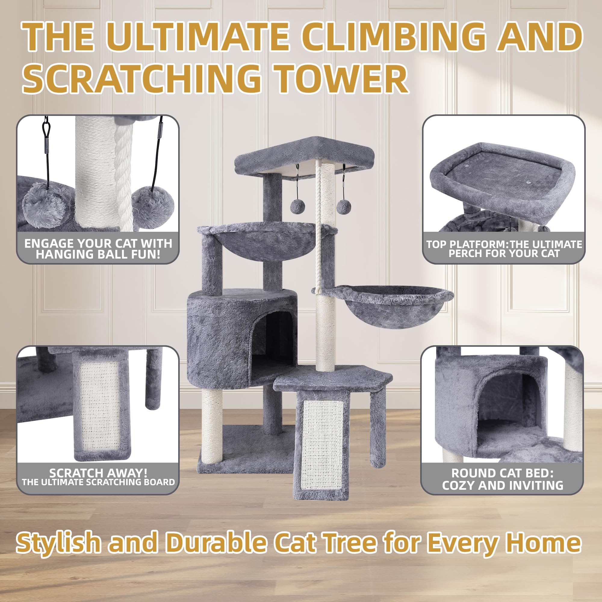 Xin Three Layer Cat Tree With Cat Condo And Two Hammocks,Grey