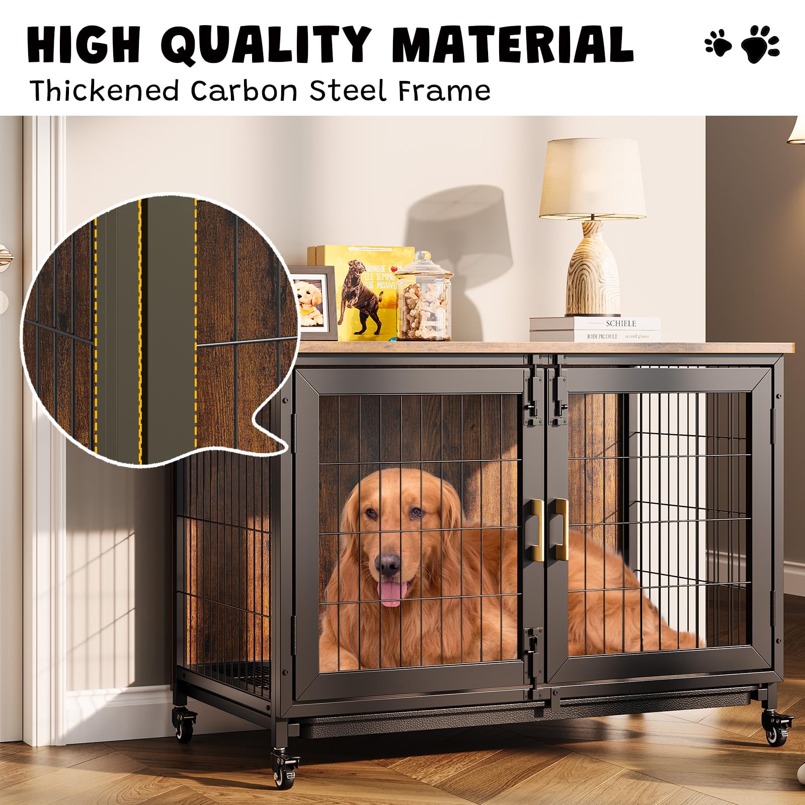37.4 Inch Large Dog Crate Furniture, Heavy Duty Dog Kennel Furniture with Wheels, Grid Base, Removable Base, Decorative Dog Cage