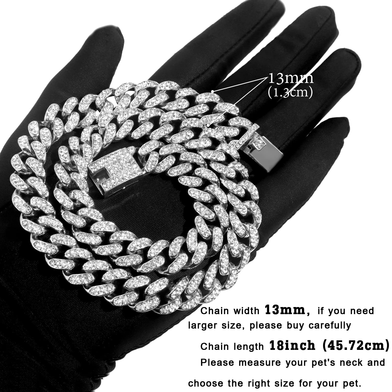 Flatfoosie Cuban Link Dog Collar Gold Silver Color Metal Dog Chain Collar Cuban Diamond Chain Pet Collars For Dogs Cats Jewelry 8/10/14/16/18/20/24/28 Inch (18Inch, Silver)