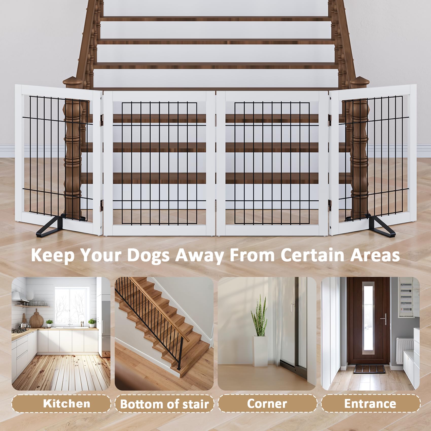Mino Kesper Dog Gate Indoor, Metal Dog Gates for Doorways House, 24-Inch Freestanding Pet Gates for Dogs, Puppy Fence (4 Panel,