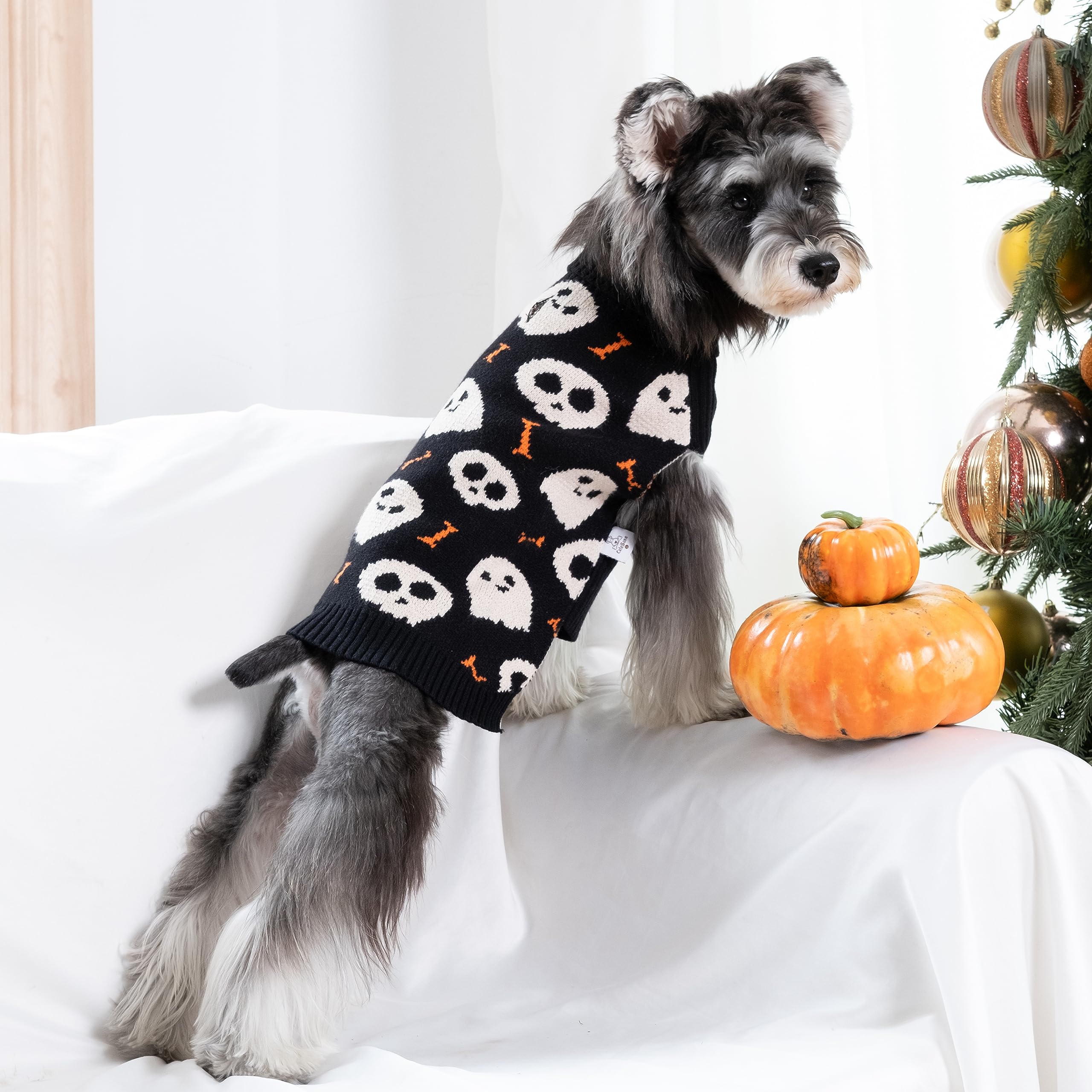 Cutebone Halloween Skull Dog Sweater For Small Dogs Turtleneck Pet Winter Clothes Cat Apparel With Harness Hole