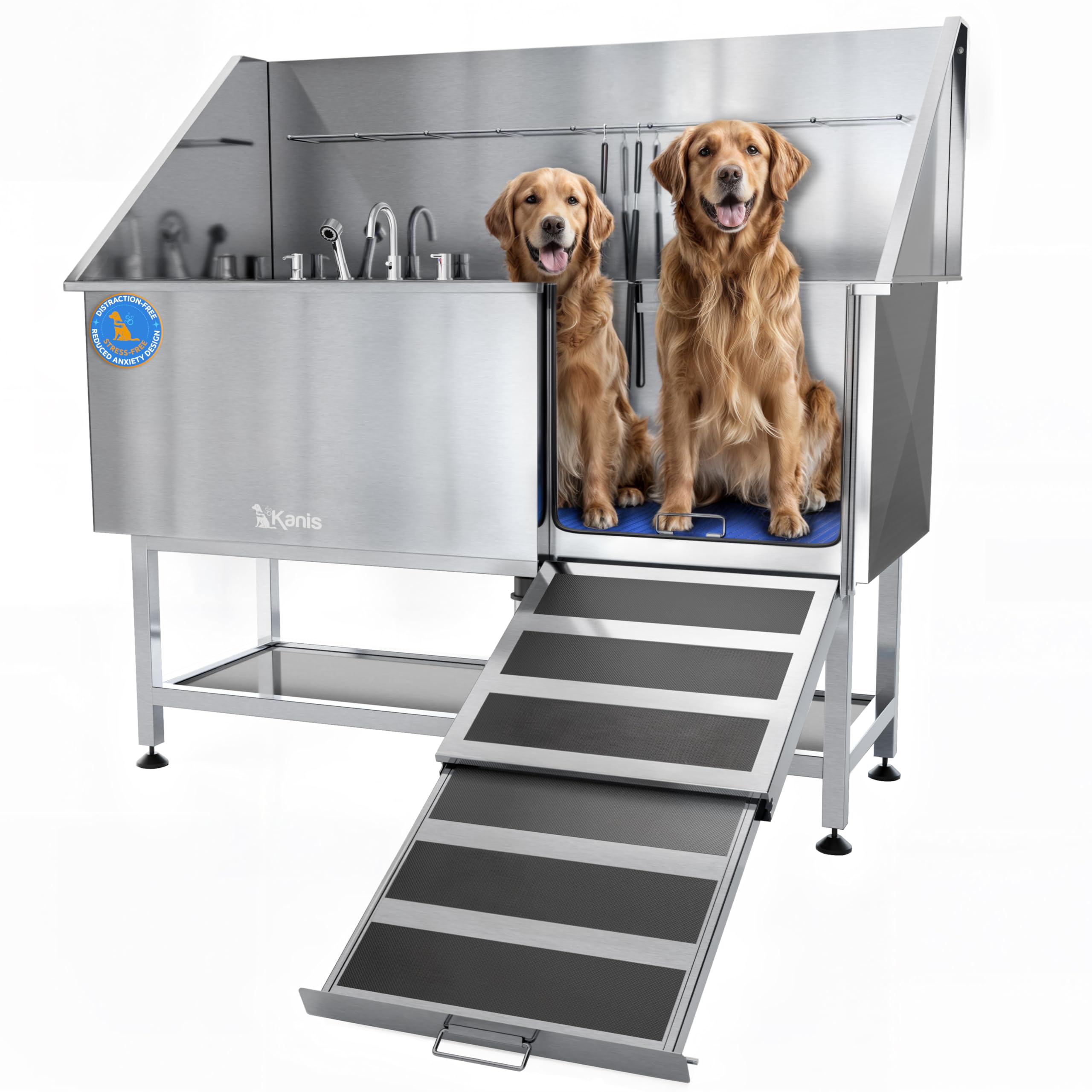 Kanis Professional Stainless Steel Dog Bathing Station - Grooming Tub W/Ramp, Storage Shelf, Floor Grate & Faucet/Dog Bathtub Fo