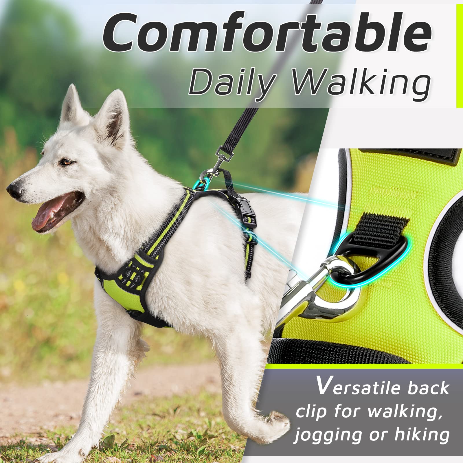 Eagloo Dog Harness Medium Sized Dog, No Pull Service Vest With Reflective Strips And Control Handle, Adjustable And Comfortable For Easy Walking, No Choke Pet Harness With 2 Metal Rings, Green, M