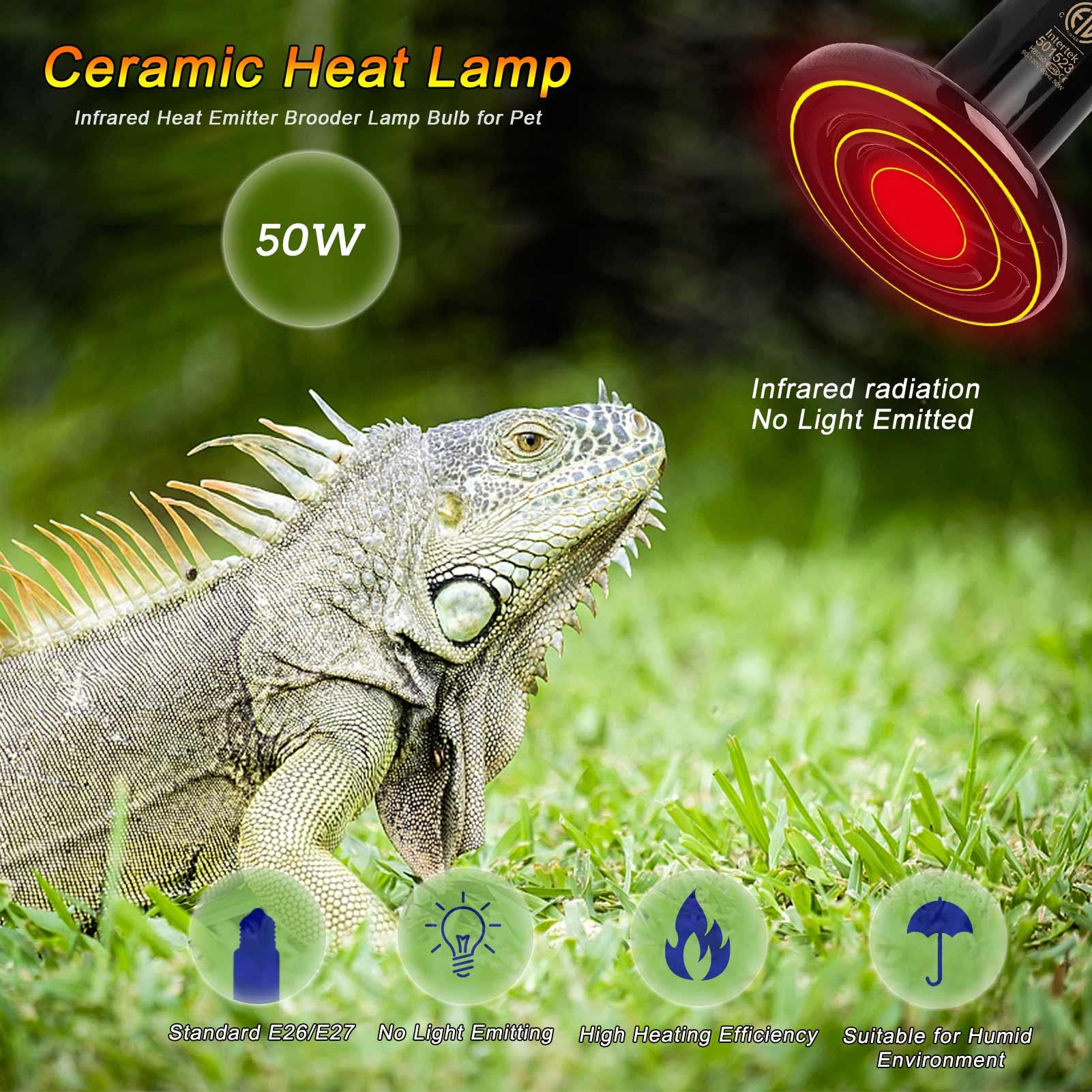 Fiveage 50W Ceramic Heat Emitter Che Bulb Reptile Heat Lamp No Light Emitted Pet Brooder Coop Heater Heat Bulb Black-2 Pack