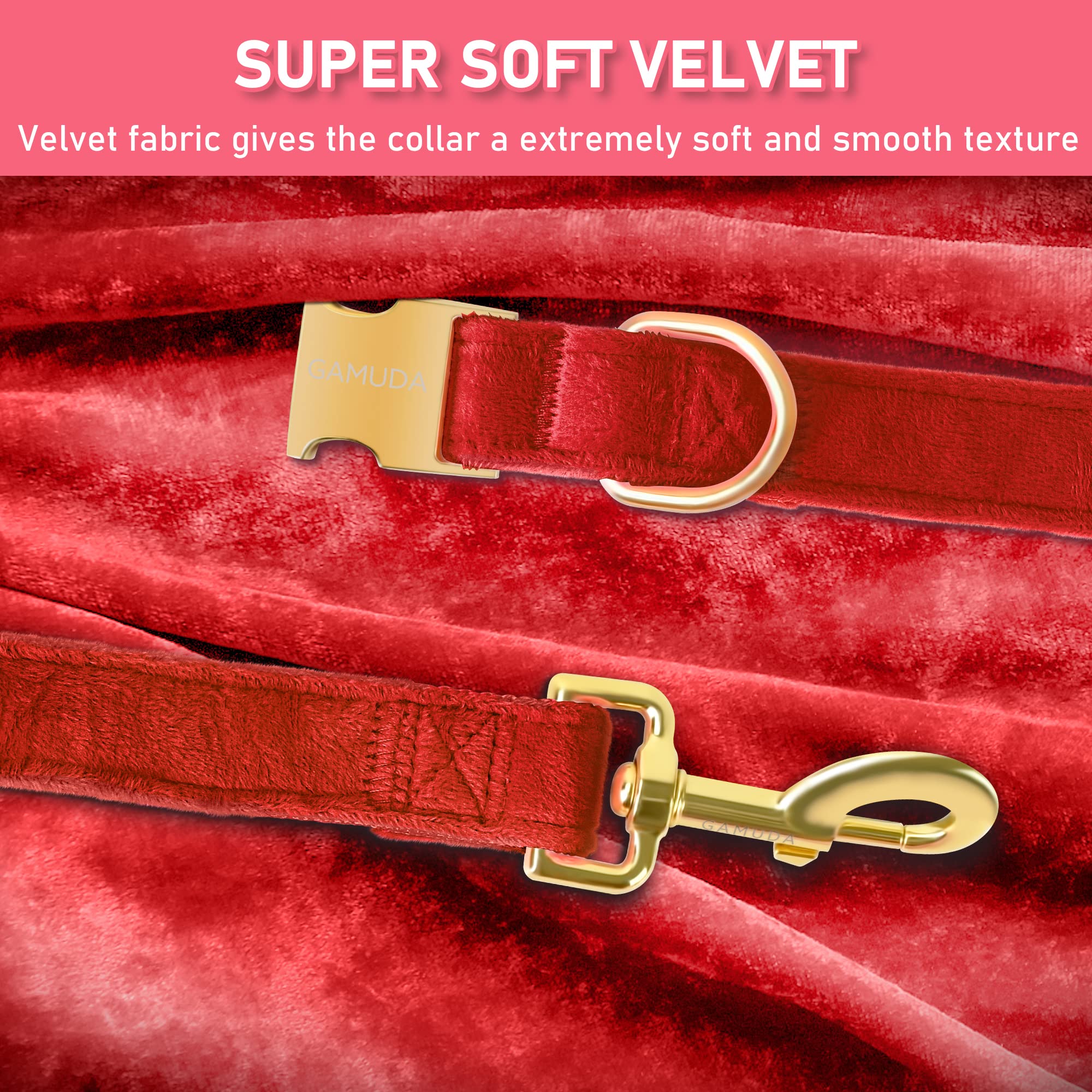 Gamuda Velvet Dog Collar And Leash, Super Soft And Smooth, Heavy Duty Gold Buckle, Comfortable And Easy To Clean, Adjustable Collar For Dog (Xl, Red)