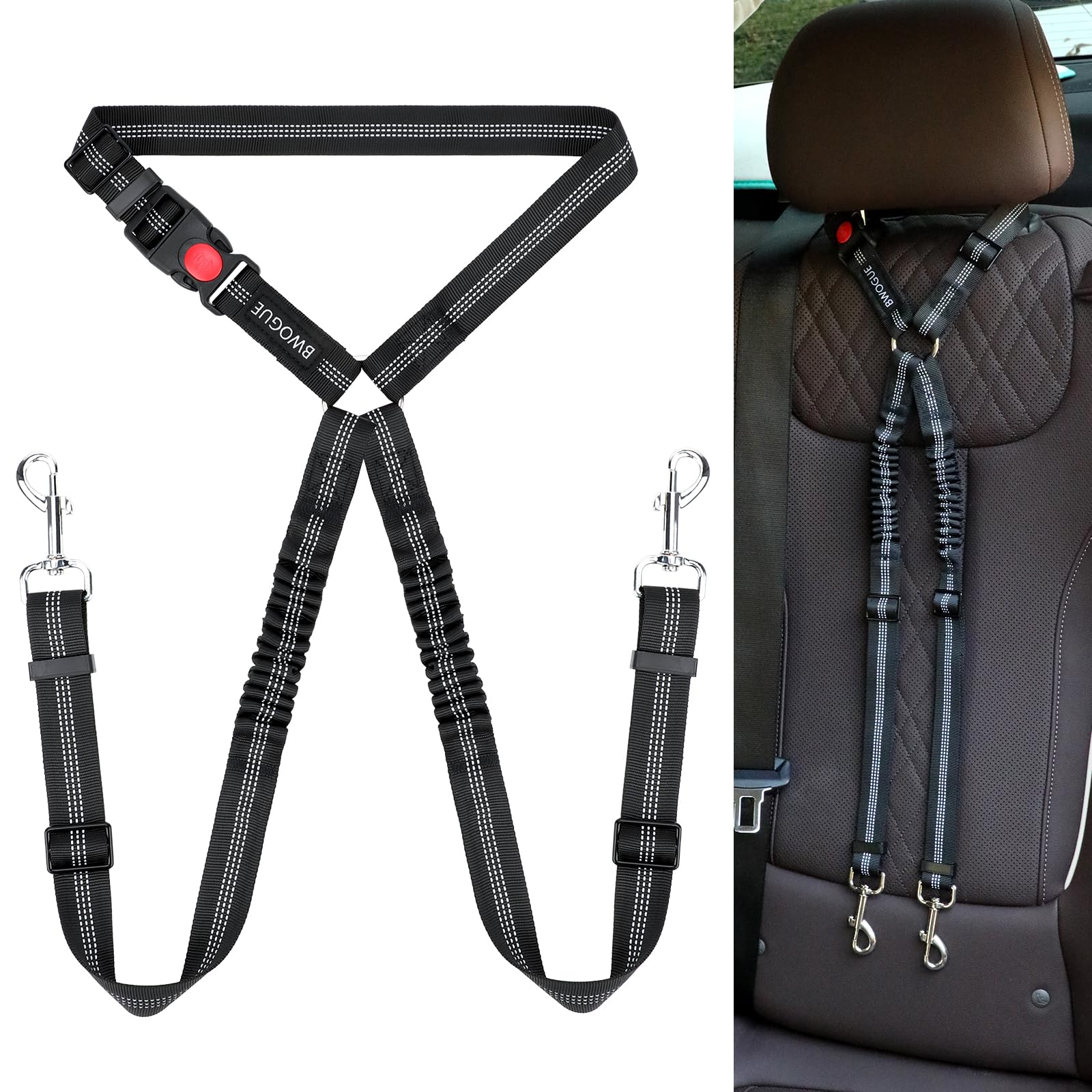 Bwogue Double Dog Cat Seat Belts, Car Headrest Restraint Adjustable Travel Leash,Safety Elastic Leads Splitter Connect Vehicle S