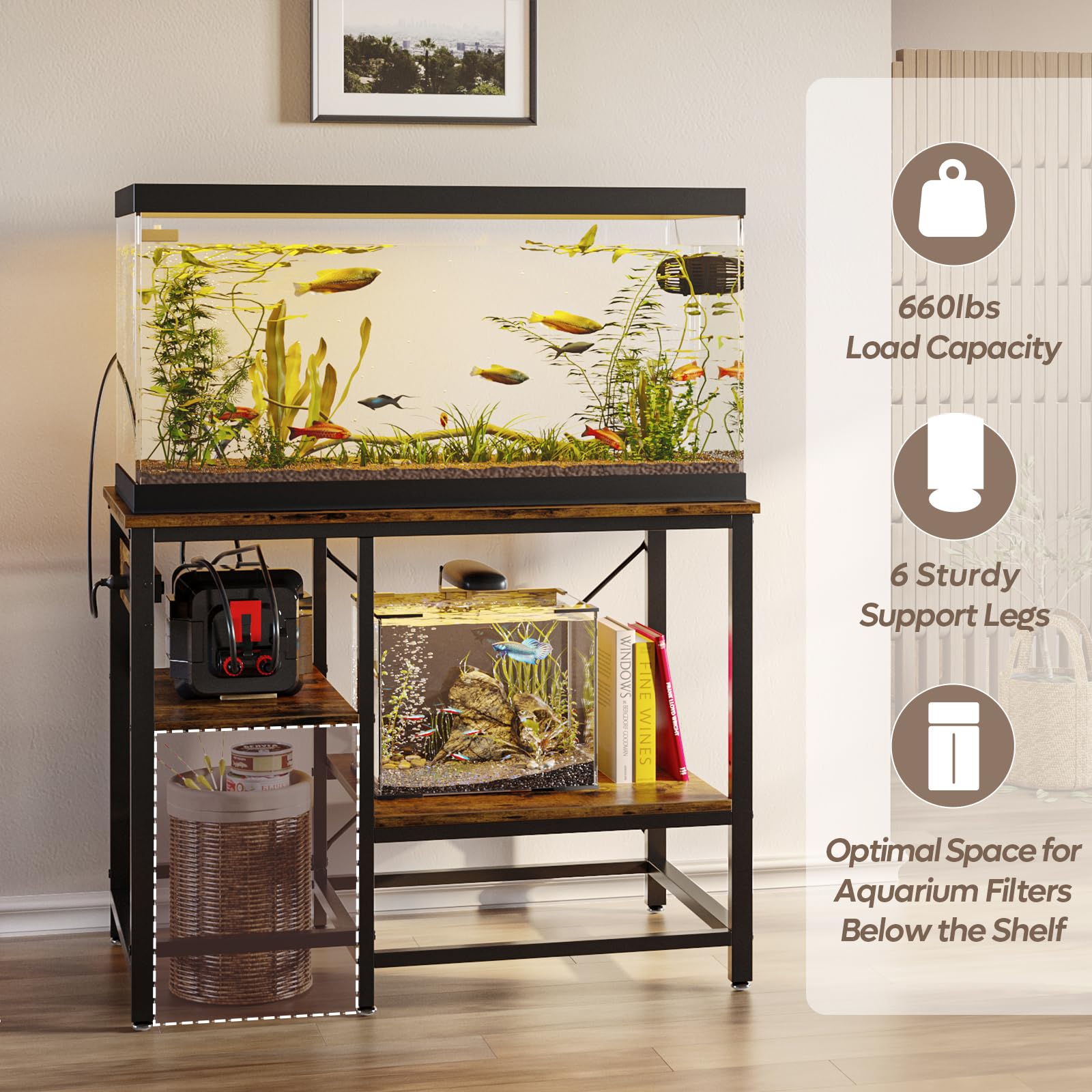 Bestier 40-50 Gallon Fish Tank Stand with Power Outlet, 36x19 Metal Aquarium Stand, 6-Leg Reptile Tank Stand with 3-Tier Adjusta