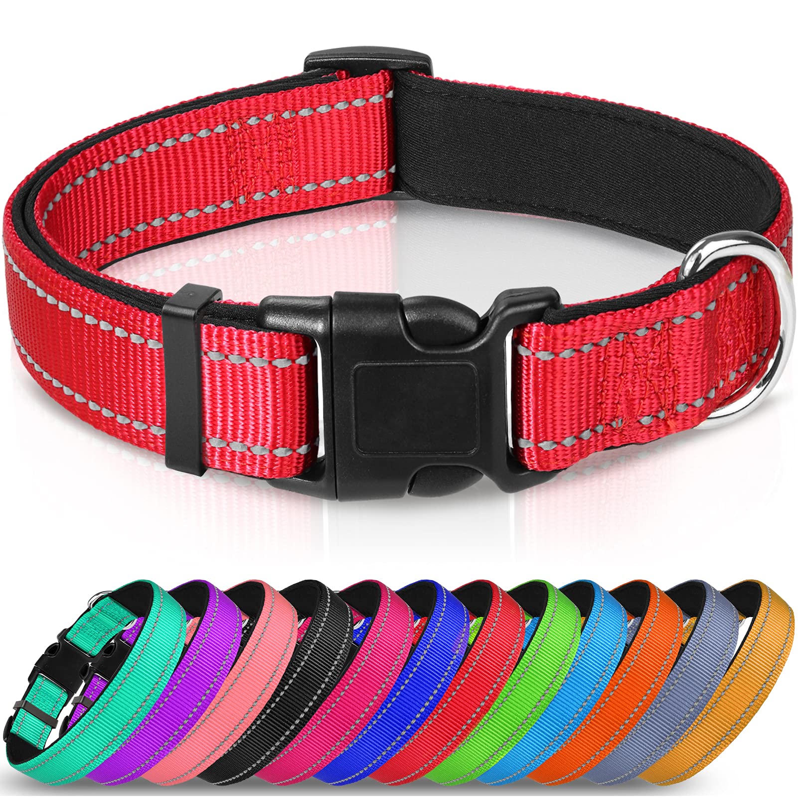 Joytale Reflective Dog Collar,Soft Neoprene Padded Breathable Nylon Pet Collar Adjustable For Extra Large Dogs,Red,Xl