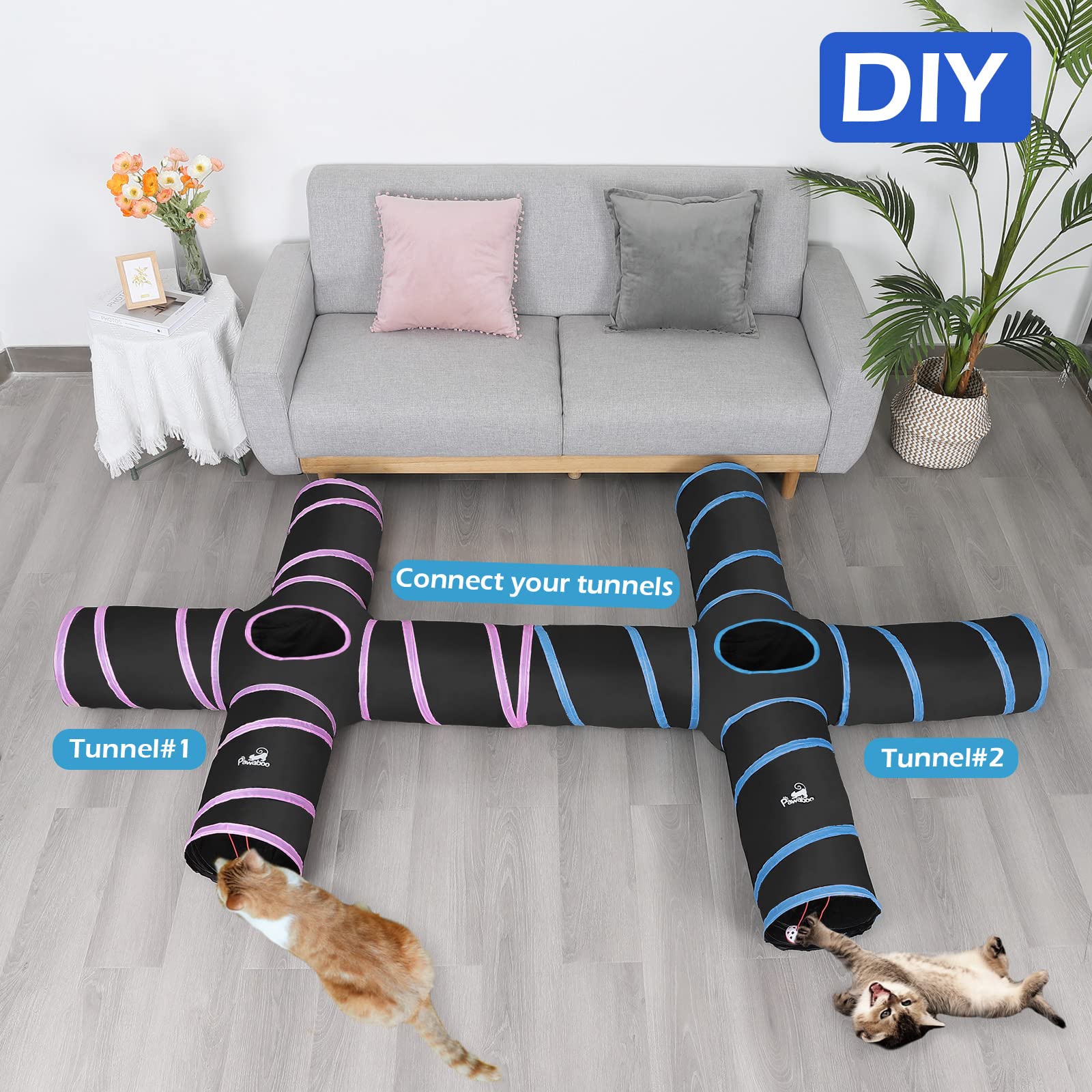 Pawaboo Cat Toys, Cat Tunnel Tube 4 Way Tunnels 25X53Cm Extensible Collapsible Cat Play Tent Interactive Toy Maze Cat House With Balls And Bells For Cat Kitten Kitty Rabbit Small Animal, Blue