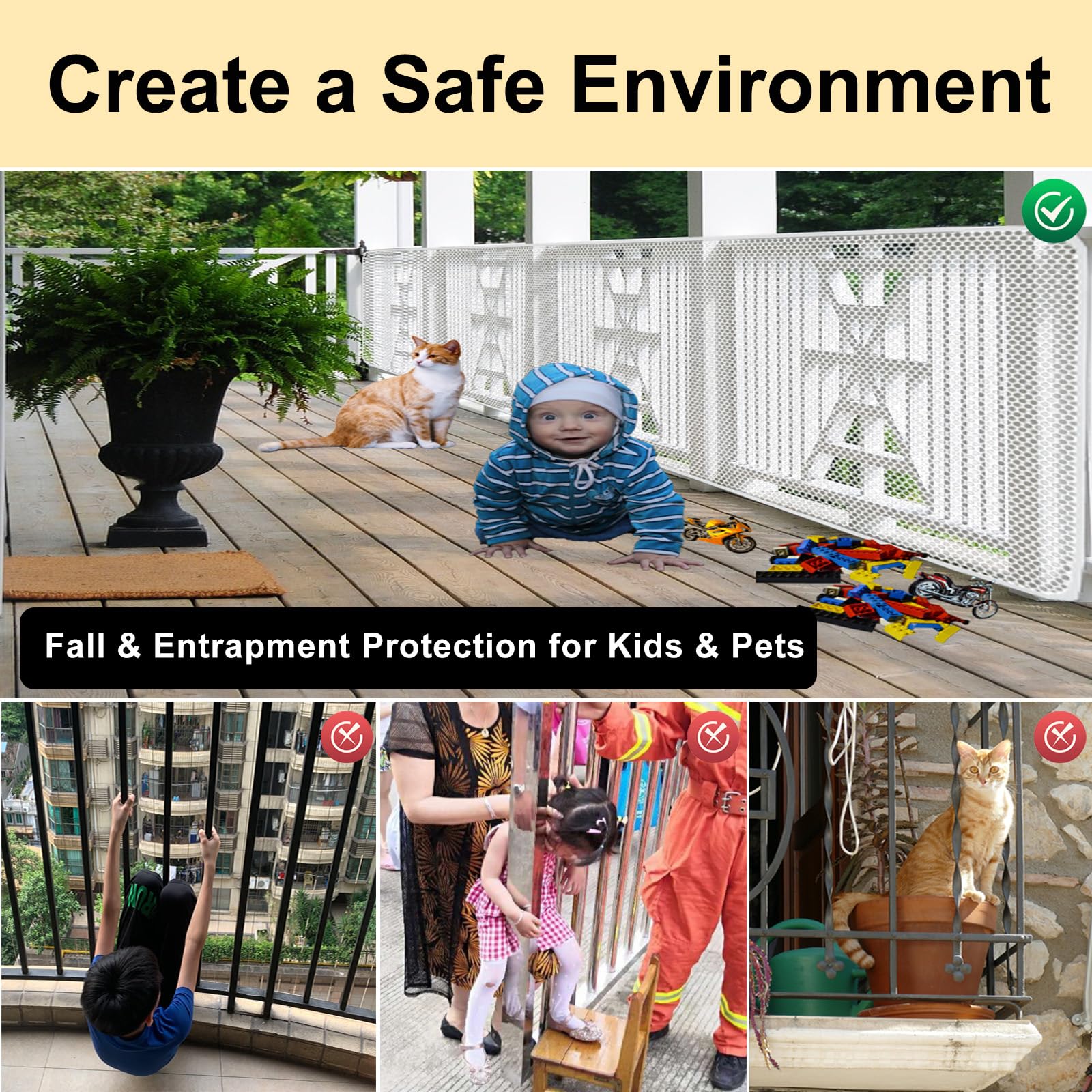 Banister Guard-15ft x 3ft Thick Safety Net for Kids, Pets Balcony Rails, Apartment Cat Stair Guard (White)