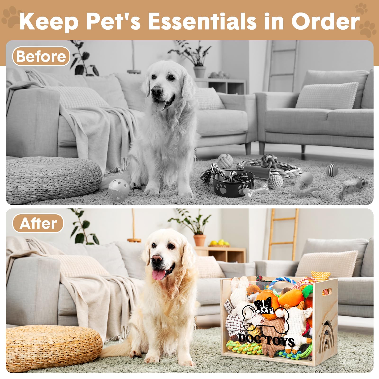 Beeveer Large Dog Toy Basket Dog Toy Box Wooden Storage Bin with Acrylic Board Storage Box for Puppy Toys Pet Food and Accessori