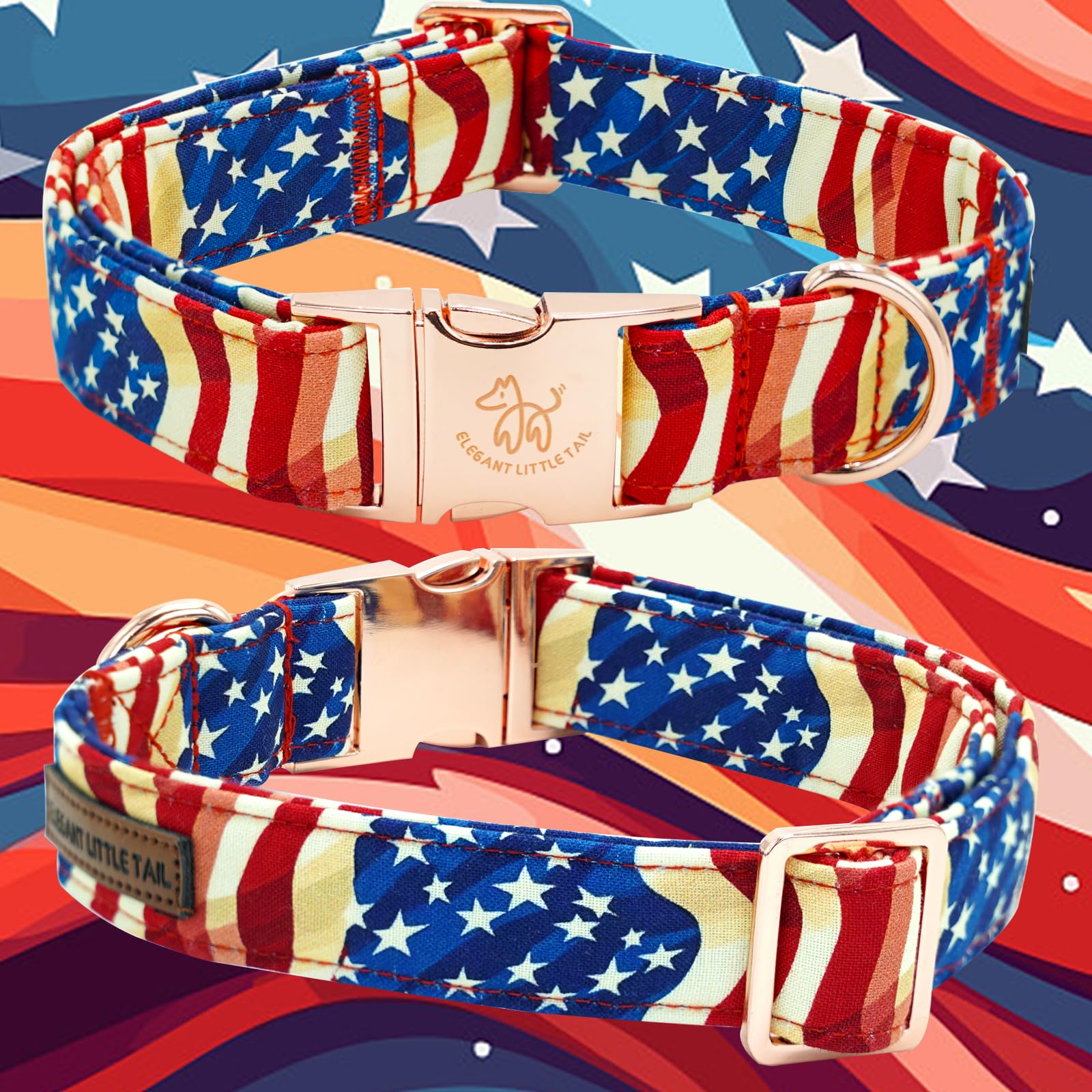 Elegant Little Tail Independence Dog Collar, Patriotic Pet Collar With Flower American 4Th Of July Holiday Cotton Soft Boy Girl