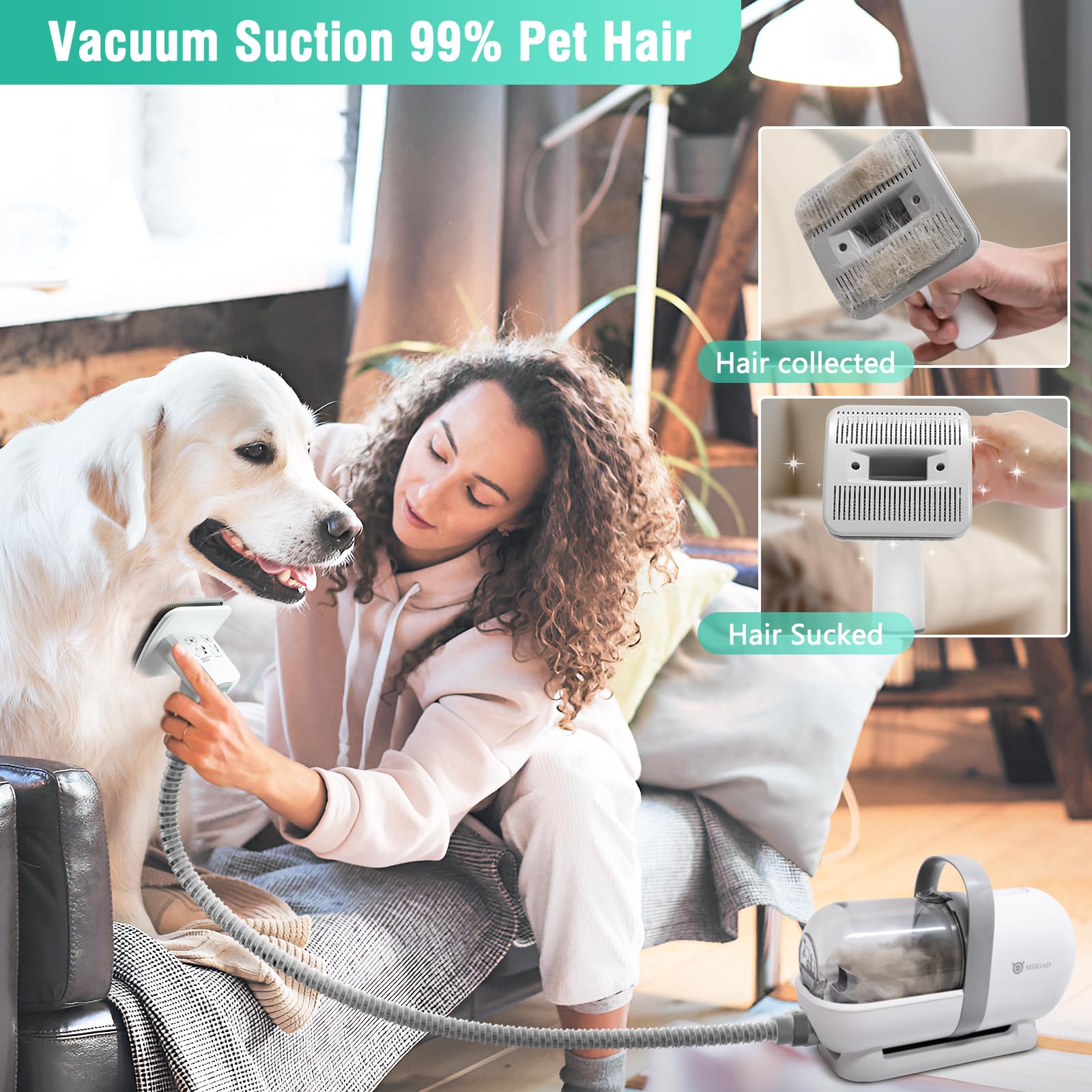 Sisigad Dog Grooming Kit,Pet Hair Vacuum,Dog Grooming & Low Noise Hair Vacuum,Professional Clippers Nail Trimmer Grinder,7 Pet G