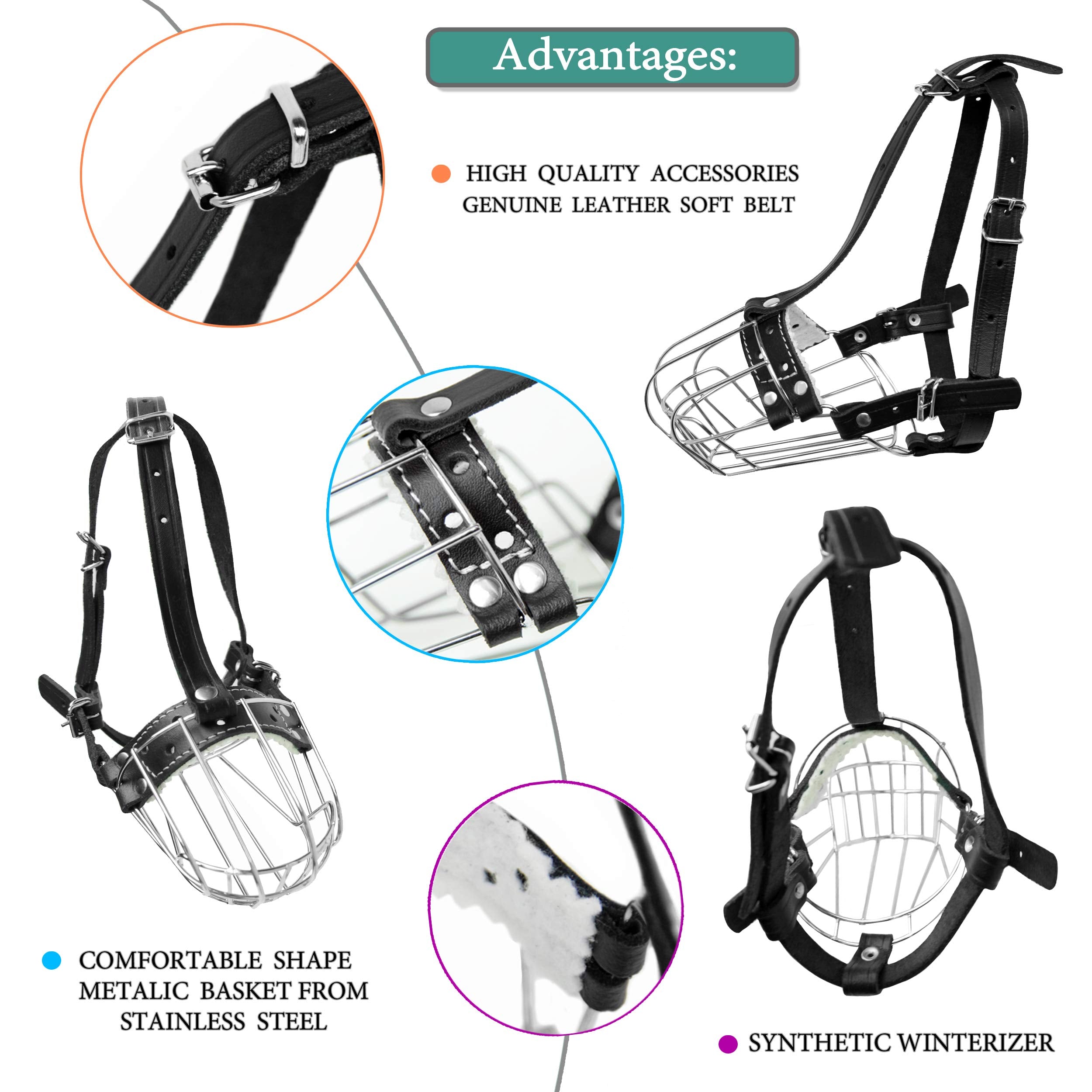 Dog Chrome Metal Muzzles Wire Basket Adjustable Leather Straps (#4) Circumference Is 9.4-11 In, Length Is 3.1-3.5 In