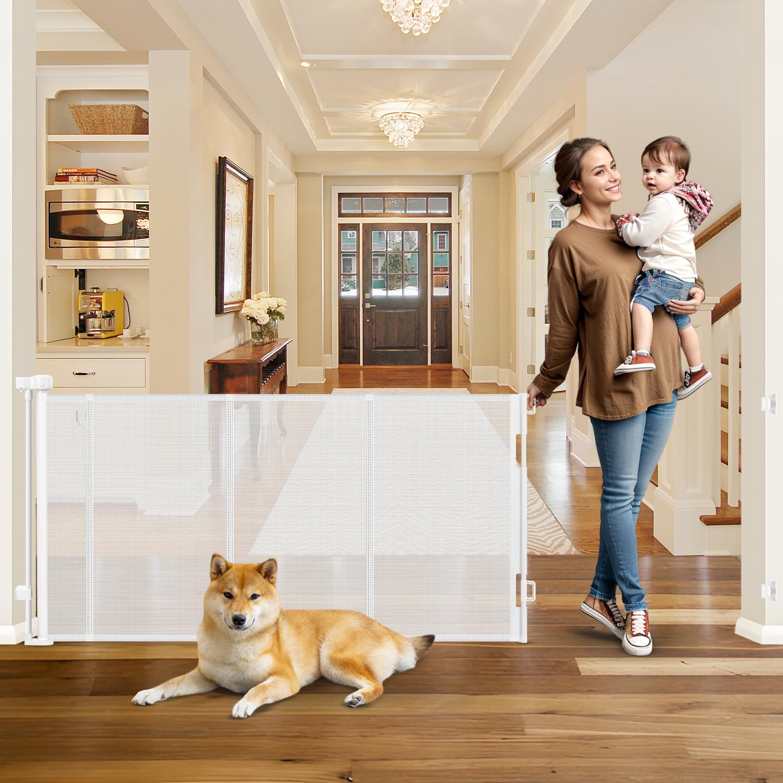 Reinforced 100 Inch Retractable Baby Gates for Doorways Extra Wide Baby Gates for Large Openings with Support Rods Retractable B